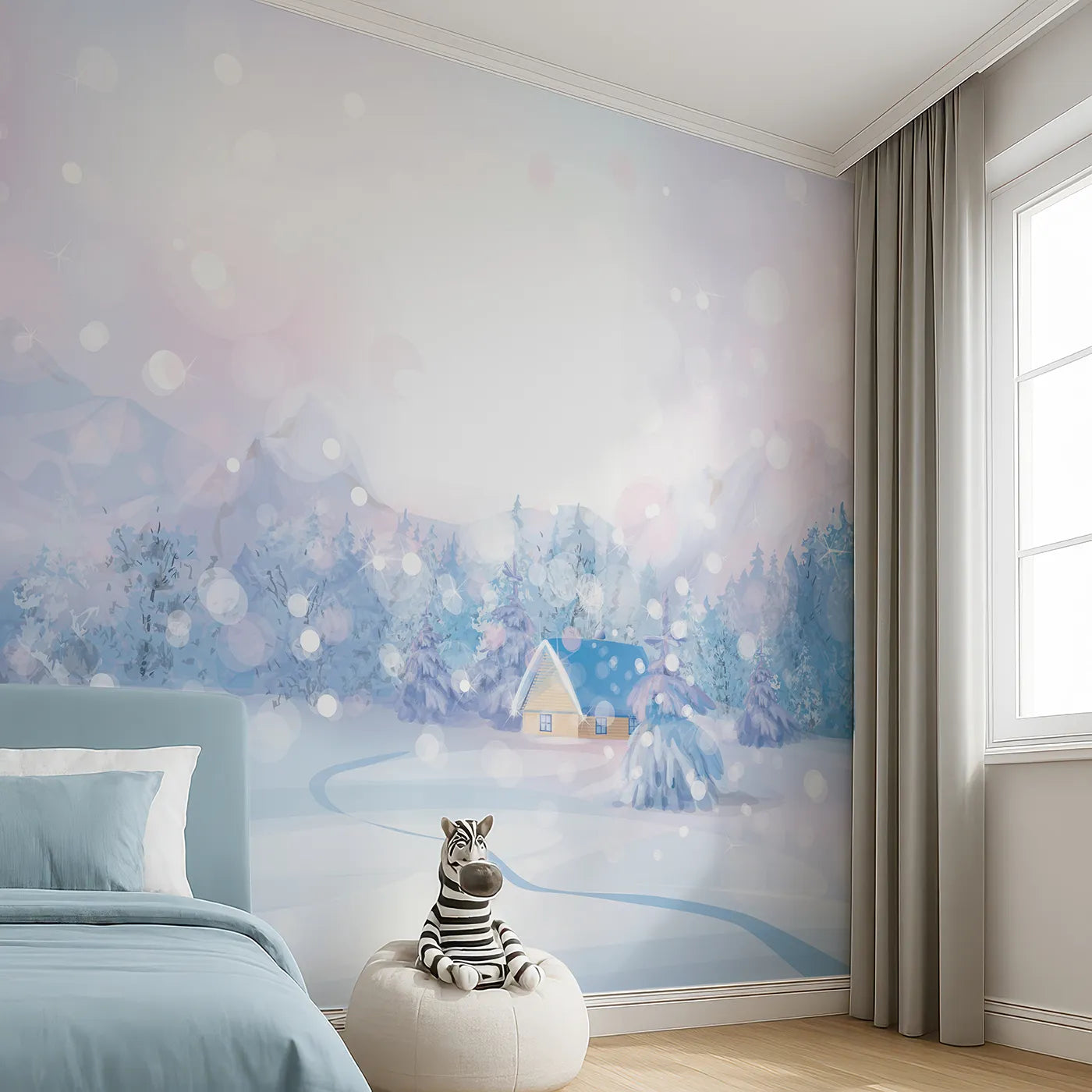Angled view of Whimsy Tots' Magical Winter Night Wall Mural (Turn Their Room into a Sparkling Winter Wonderland).Gender-Neutral