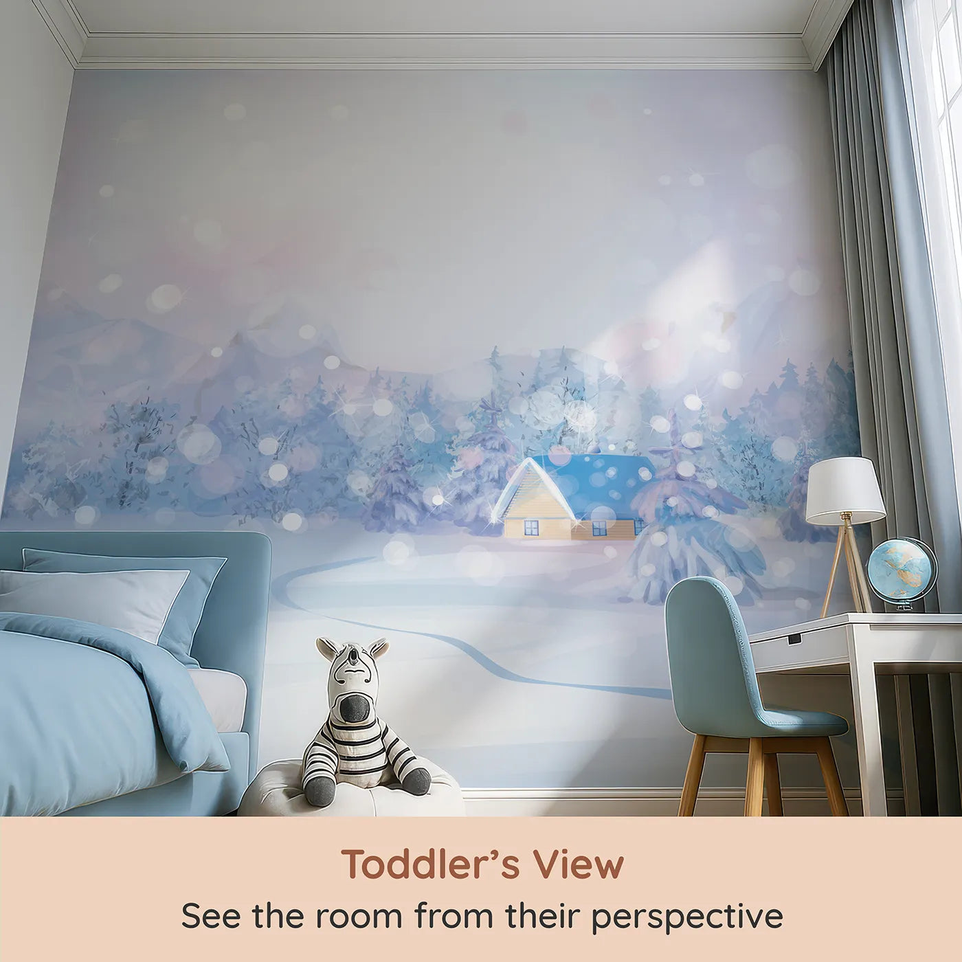 Whimsy Tots Magical Winter Night Wall Mural (Turn Their Room into a Sparkling Winter Wonderland) from your child's view.Gender-Neutral