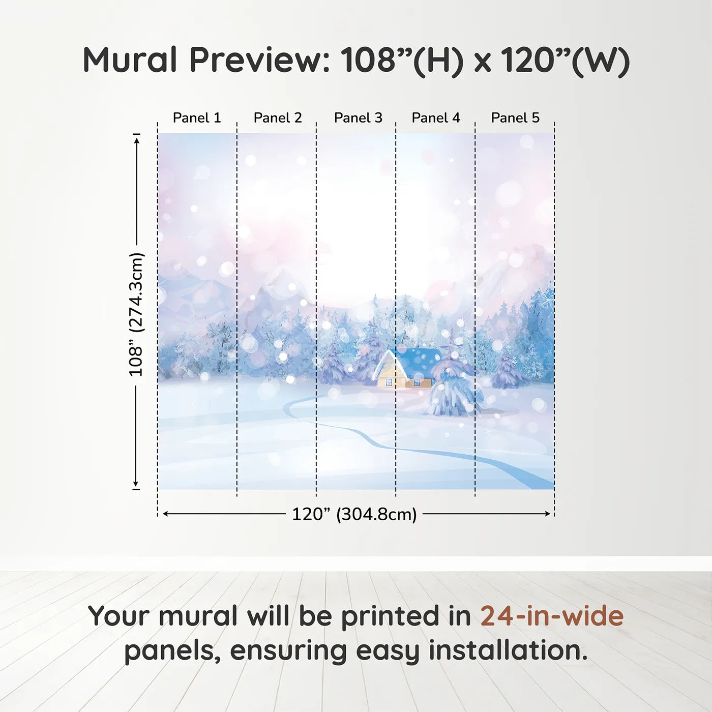 Whimsy Tots Magical Winter Night Wall Muraldimension view (108" H x 120" W). Printed in five 24-inch-wide panels. Gender-Neutral