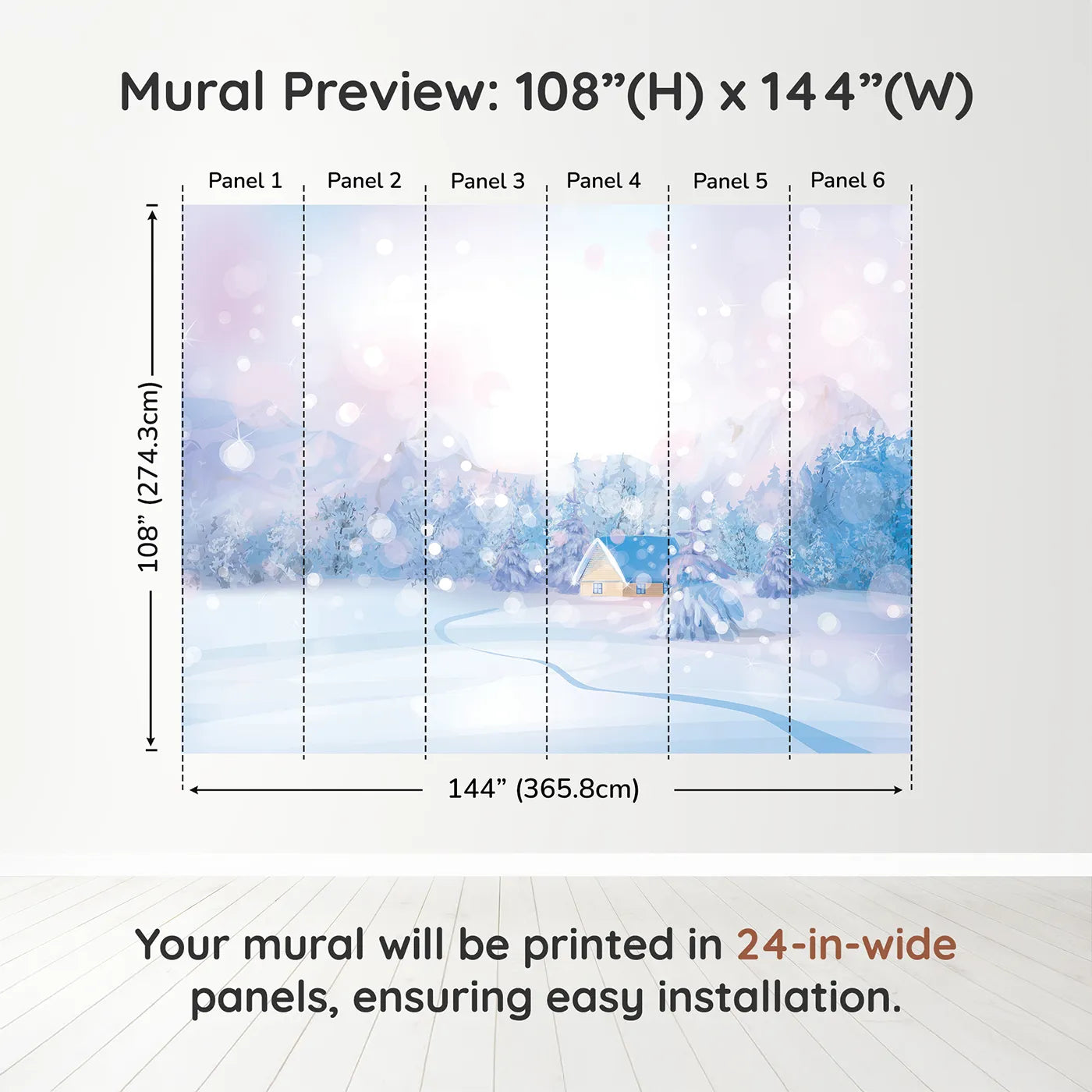 Whimsy Tots Magical Winter Night Wall Muraldimension view (108" H x 144" W). Printed in six 24-inch-wide panels. Gender-Neutral