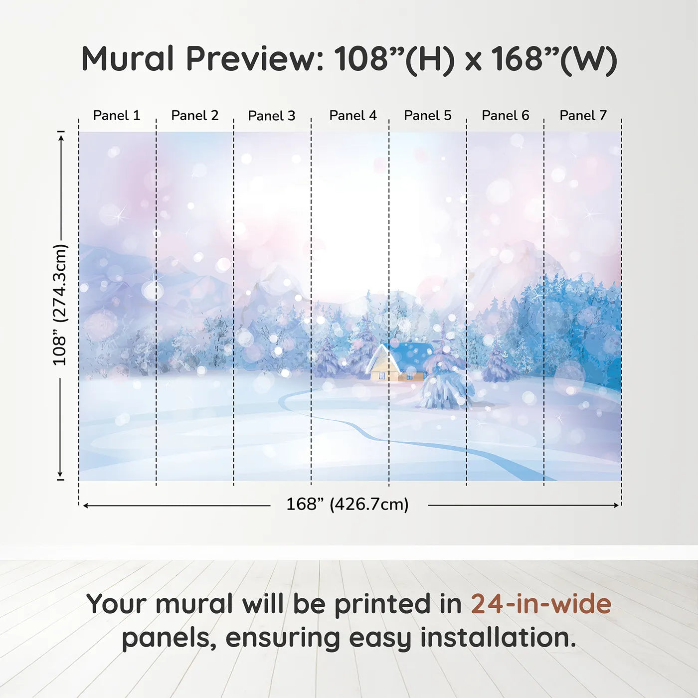 Whimsy Tots Magical Winter Night Wall Muraldimension view (108" H x 168" W). Printed in seven 24-inch-wide panels. Gender-Neutral