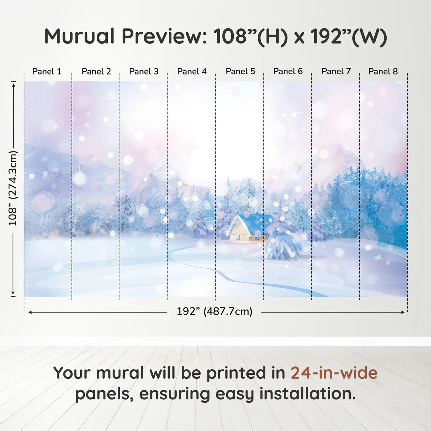 Whimsy Tots Magical Winter Night Wall Muraldimension view (108" H x 192" W). Printed in eight 24-inch-wide panels. Gender-Neutral