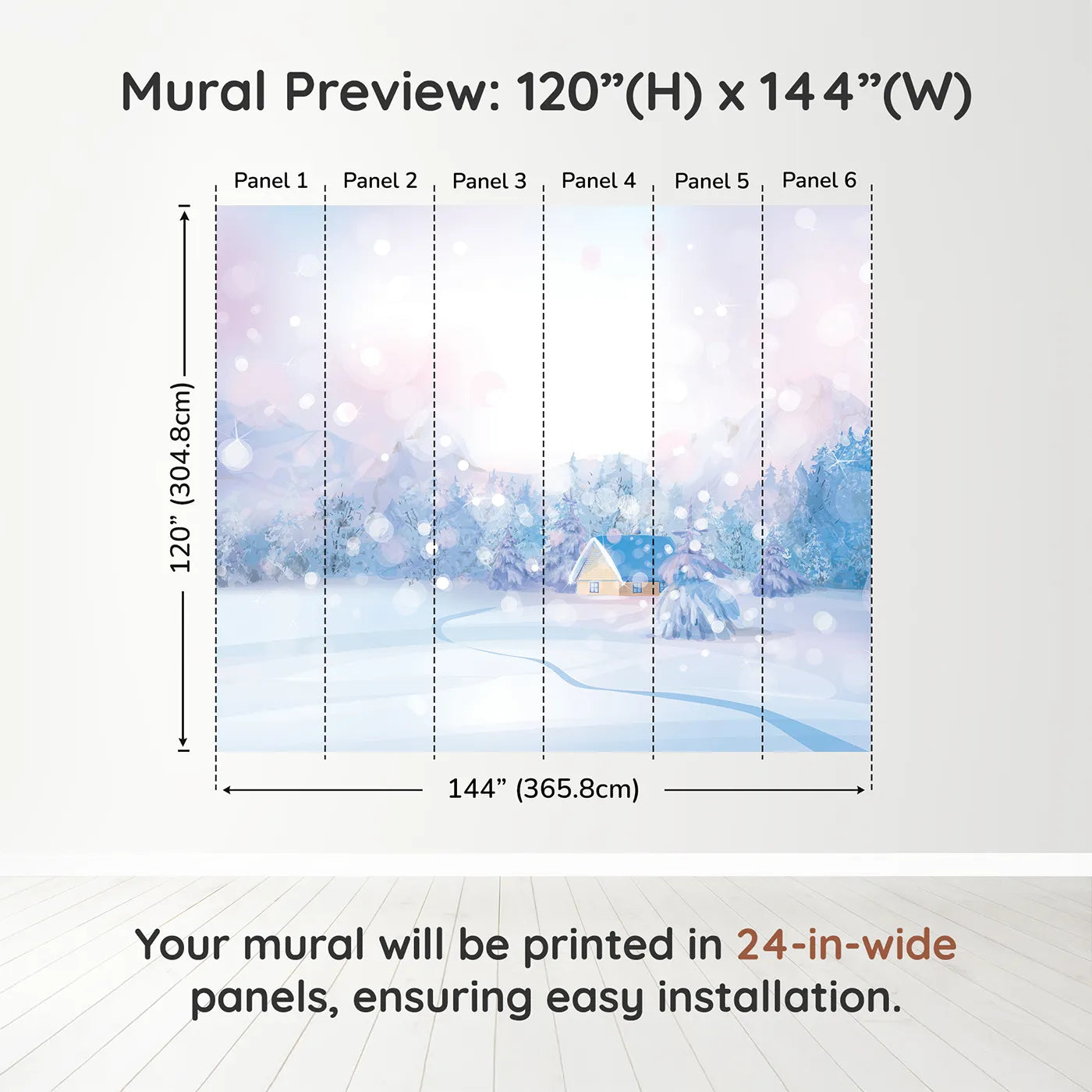 Whimsy Tots Magical Winter Night Wall Muraldimension view (120" H x 144" W). Printed in six 24-inch-wide panels. Gender-Neutral