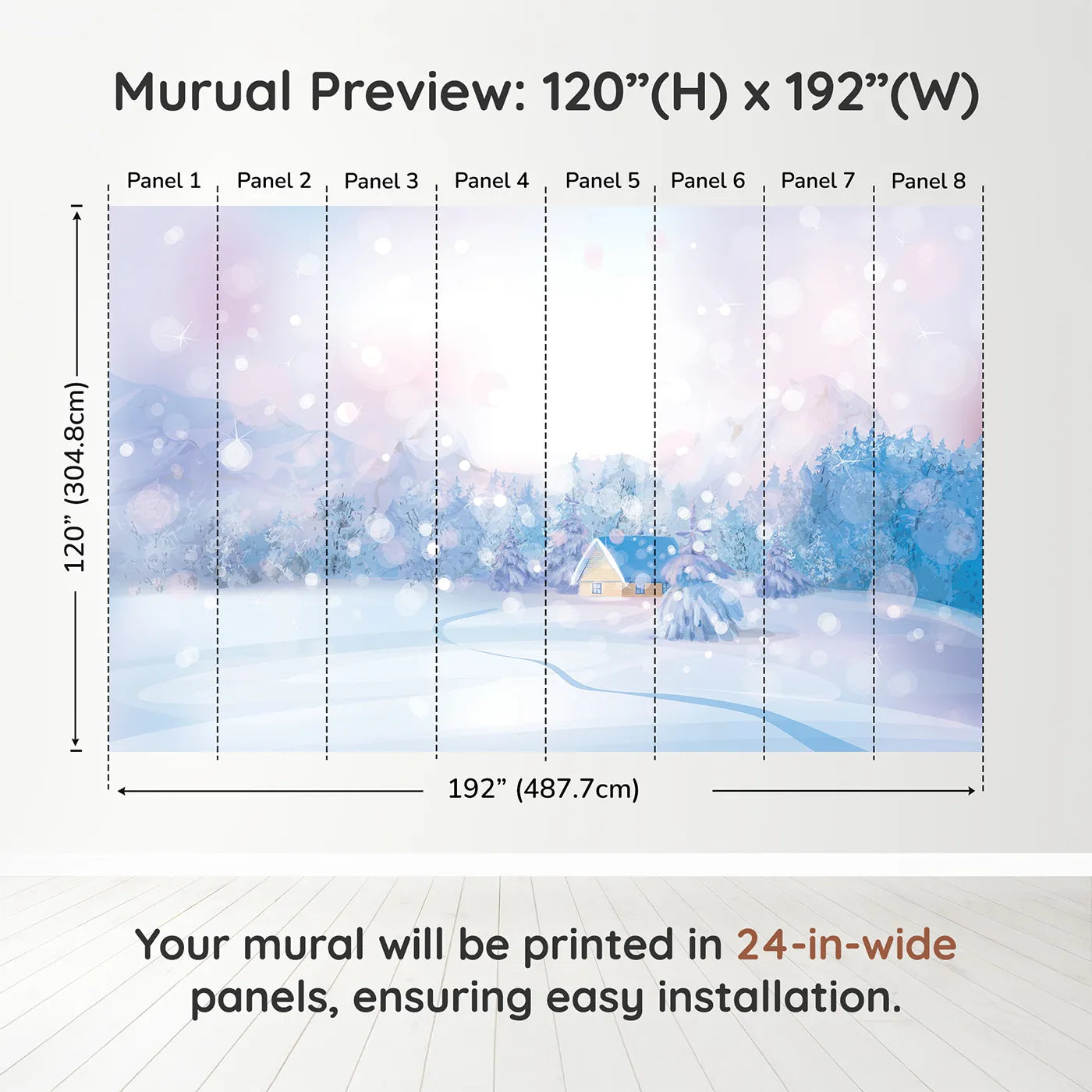 Whimsy Tots Magical Winter Night Wall Muraldimension view (120" H x 192" W). Printed in eight 24-inch-wide panels. Gender-Neutral