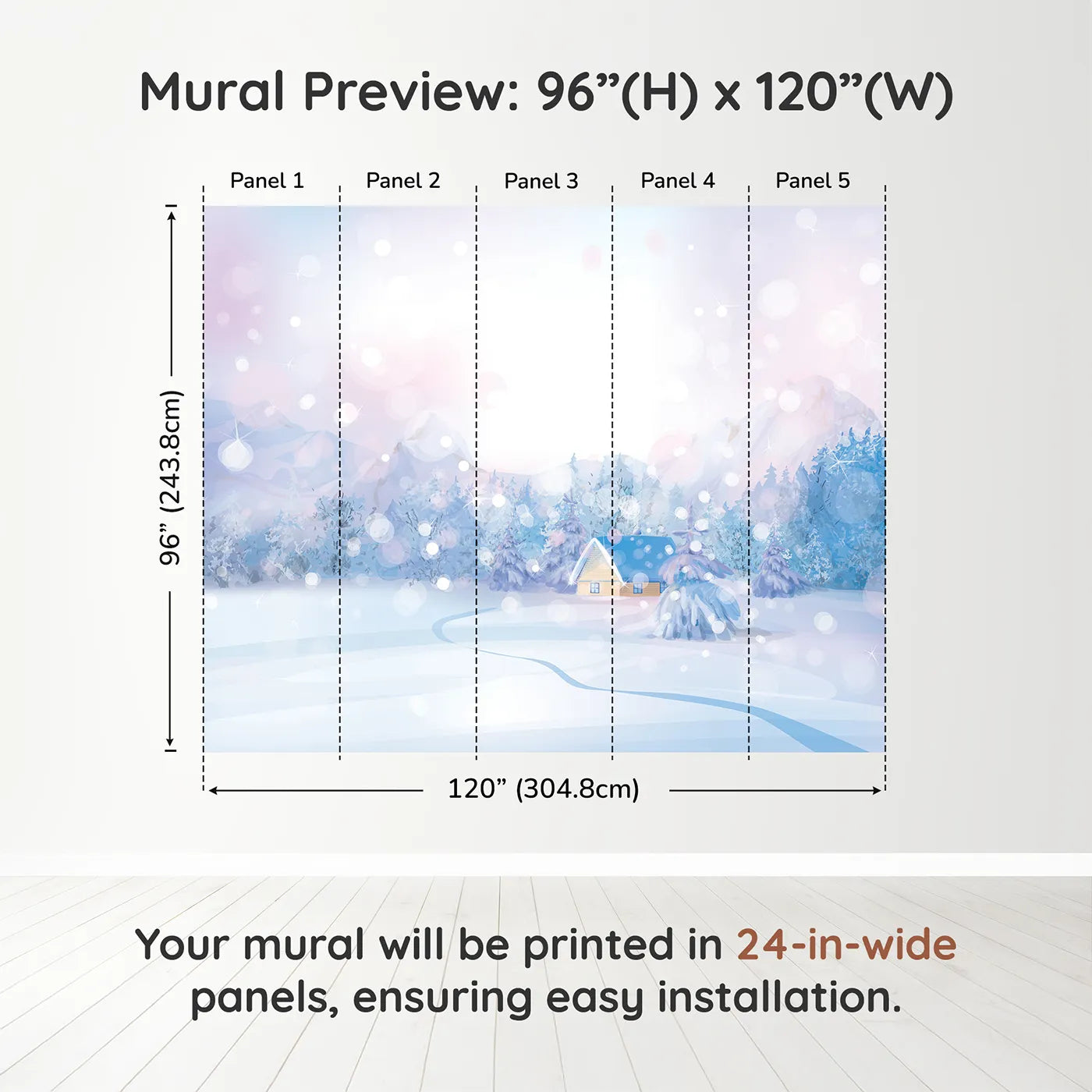 Whimsy Tots Magical Winter Night Wall Muraldimension view (96" H x 120" W). Printed in five 24-inch-wide panels. Gender-Neutral