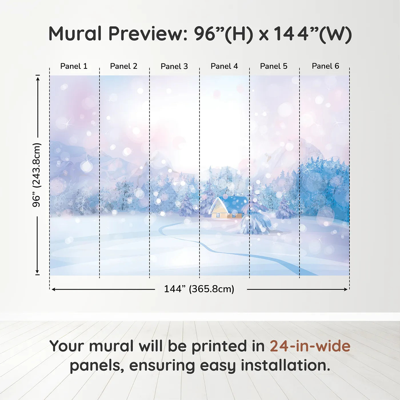Whimsy Tots Magical Winter Night Wall Muraldimension view (96" H x 144" W). Printed in six 24-inch-wide panels. Gender-Neutral