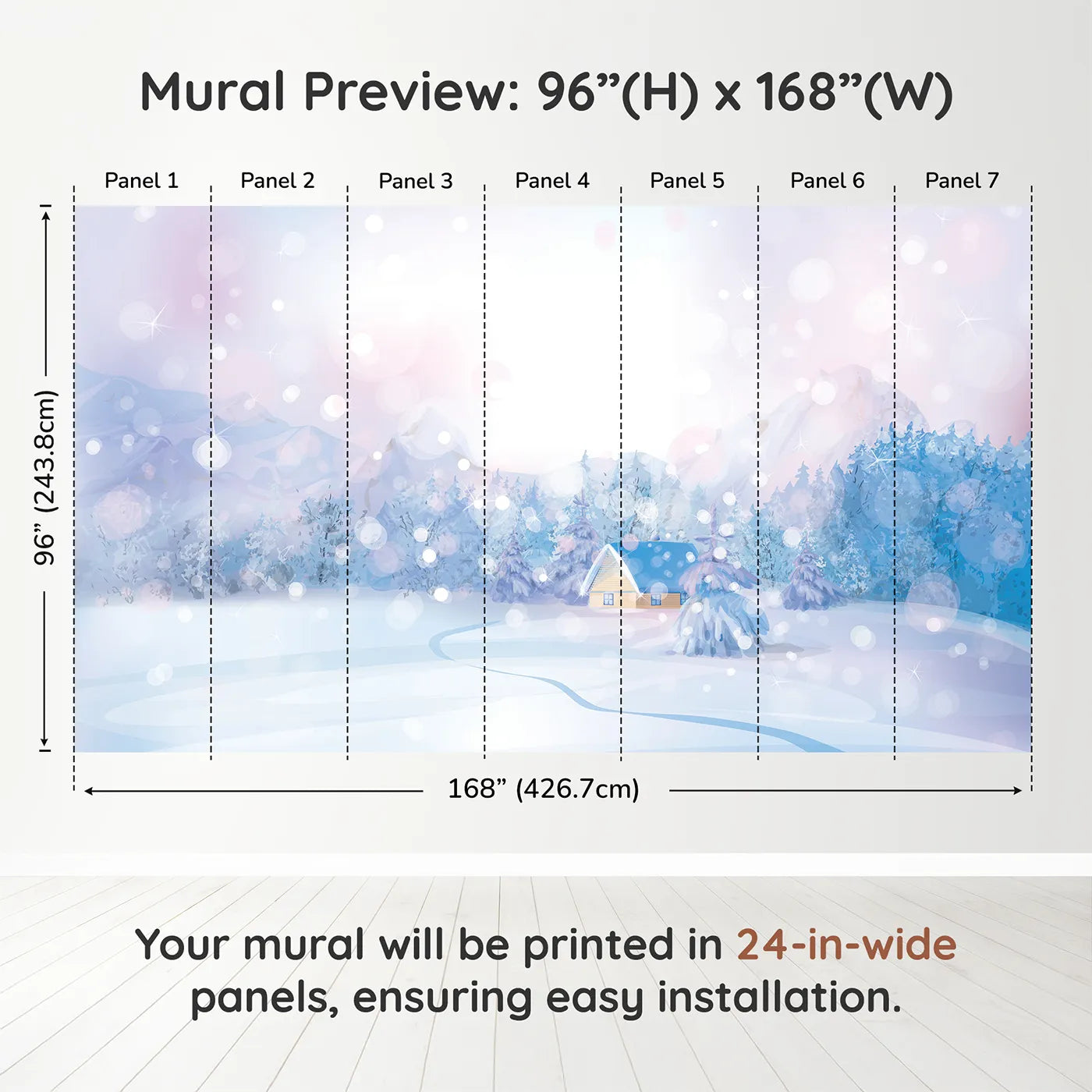 Whimsy Tots Magical Winter Night Wall Muraldimension view (96" H x 168" W). Printed in seven 24-inch-wide panels. Gender-Neutral