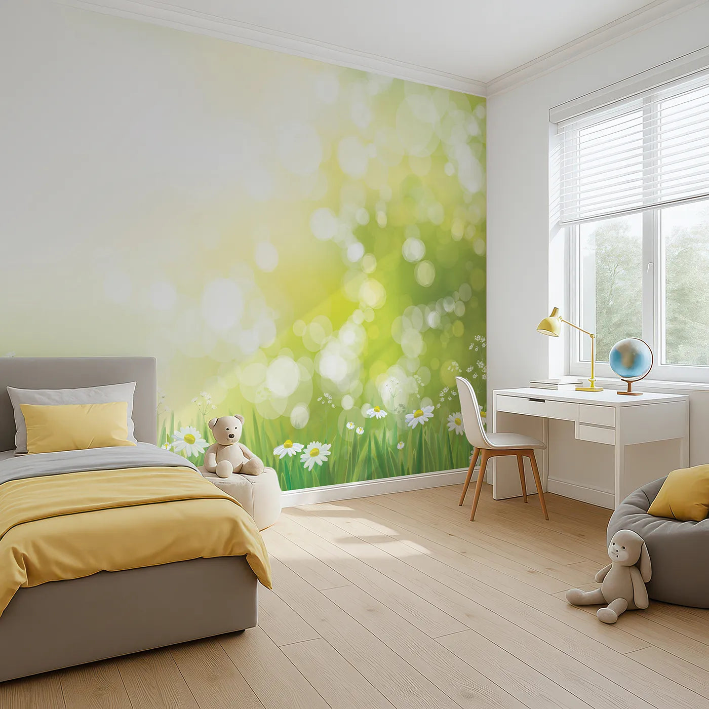 Angled view of Whimsy Tots' Sunny Meadow Day Wall Mural (Turn Their Room into a Field of Endless Summer).Gender-Neutral