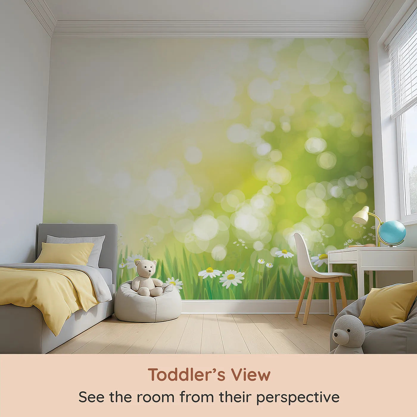 Whimsy Tots Sunny Meadow Day Wall Mural (Turn Their Room into a Field of Endless Summer) from your child's view.Gender-Neutral