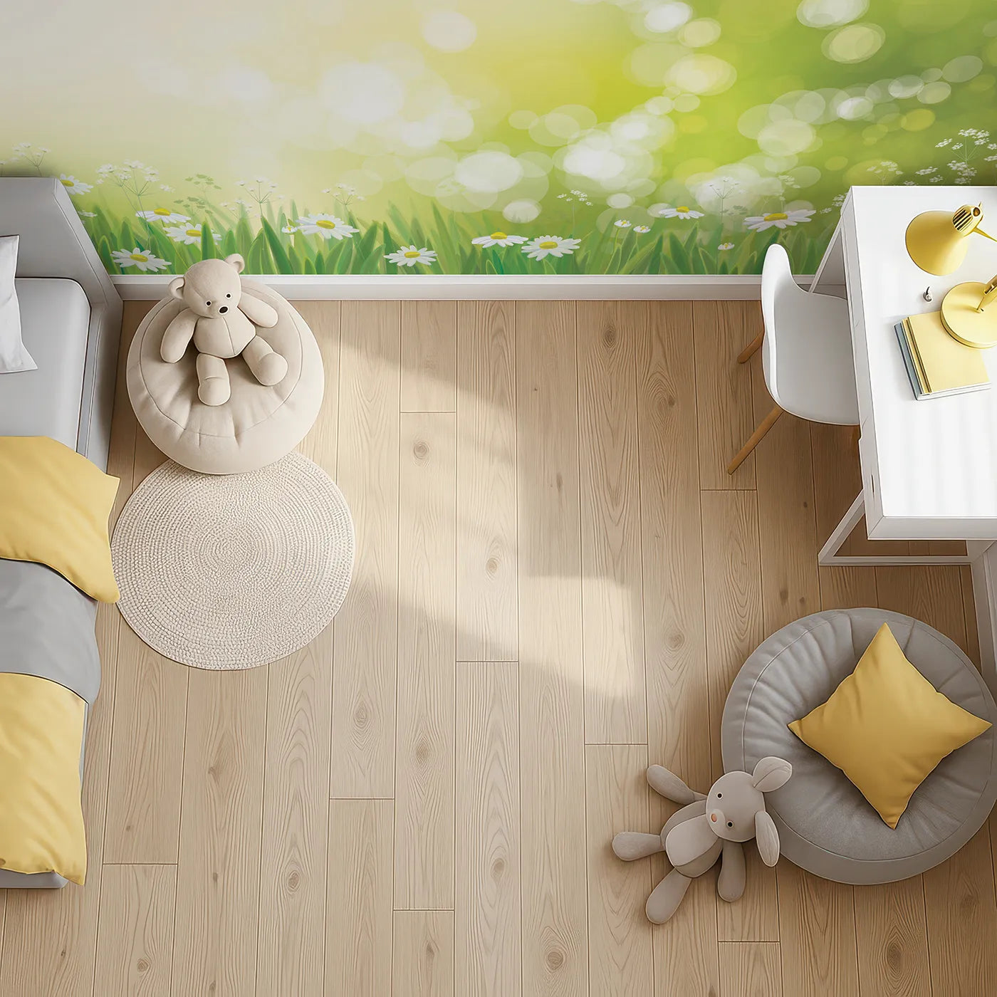 Top-down view of Whimsy Tots' Sunny Meadow Day Wall Mural (Turn Their Room into a Field of Endless Summer).Gender-Neutral