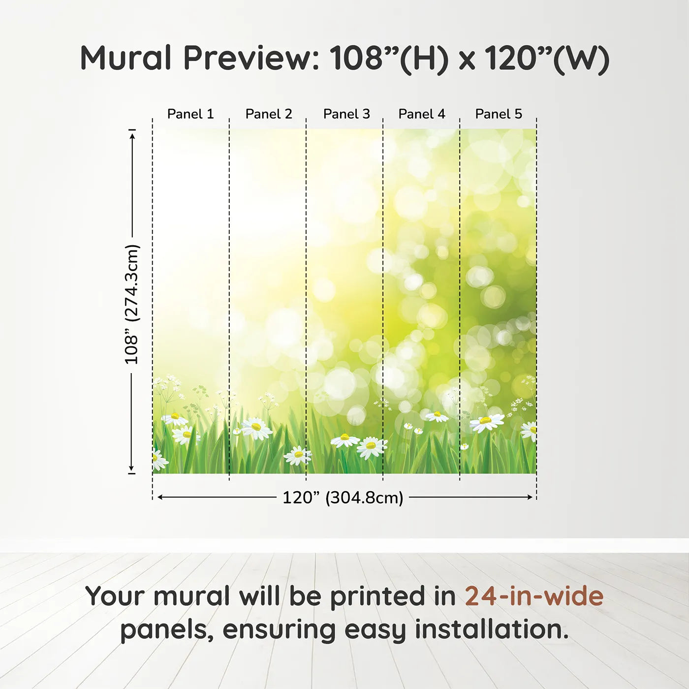 Whimsy Tots Sunny Meadow Day Wall Muraldimension view (108" H x 120" W). Printed in five 24-inch-wide panels. Gender-Neutral