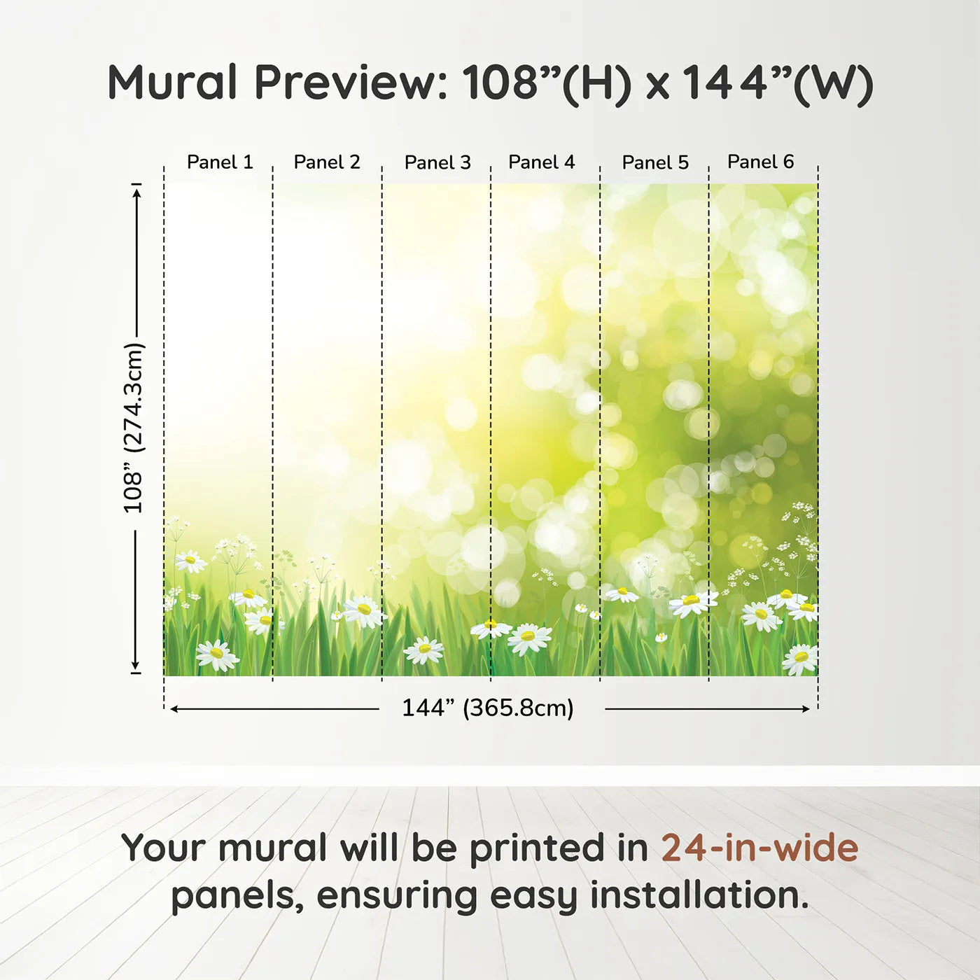 Whimsy Tots Sunny Meadow Day Wall Muraldimension view (108" H x 144" W). Printed in six 24-inch-wide panels. Gender-Neutral