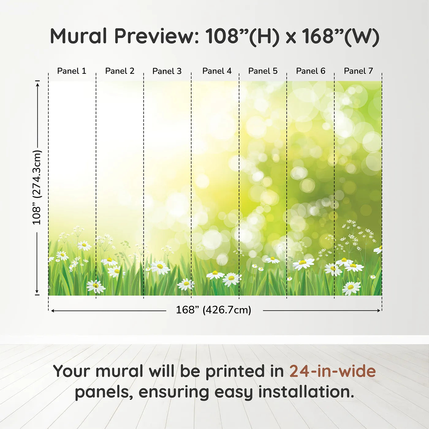 Whimsy Tots Sunny Meadow Day Wall Muraldimension view (108" H x 168" W). Printed in seven 24-inch-wide panels. Gender-Neutral