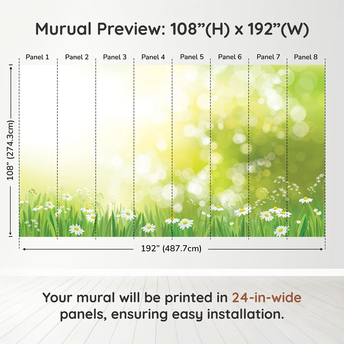 Whimsy Tots Sunny Meadow Day Wall Muraldimension view (108" H x 192" W). Printed in eight 24-inch-wide panels. Gender-Neutral