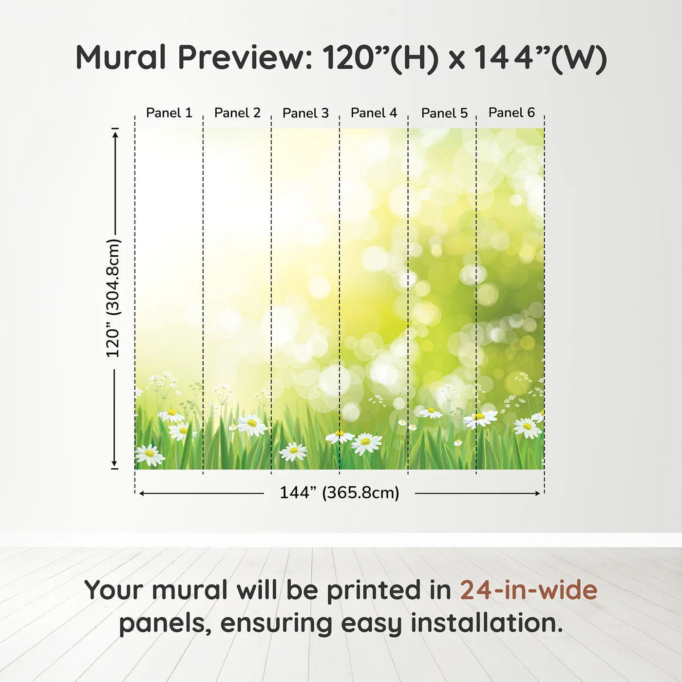 Whimsy Tots Sunny Meadow Day Wall Muraldimension view (120" H x 144" W). Printed in six 24-inch-wide panels. Gender-Neutral