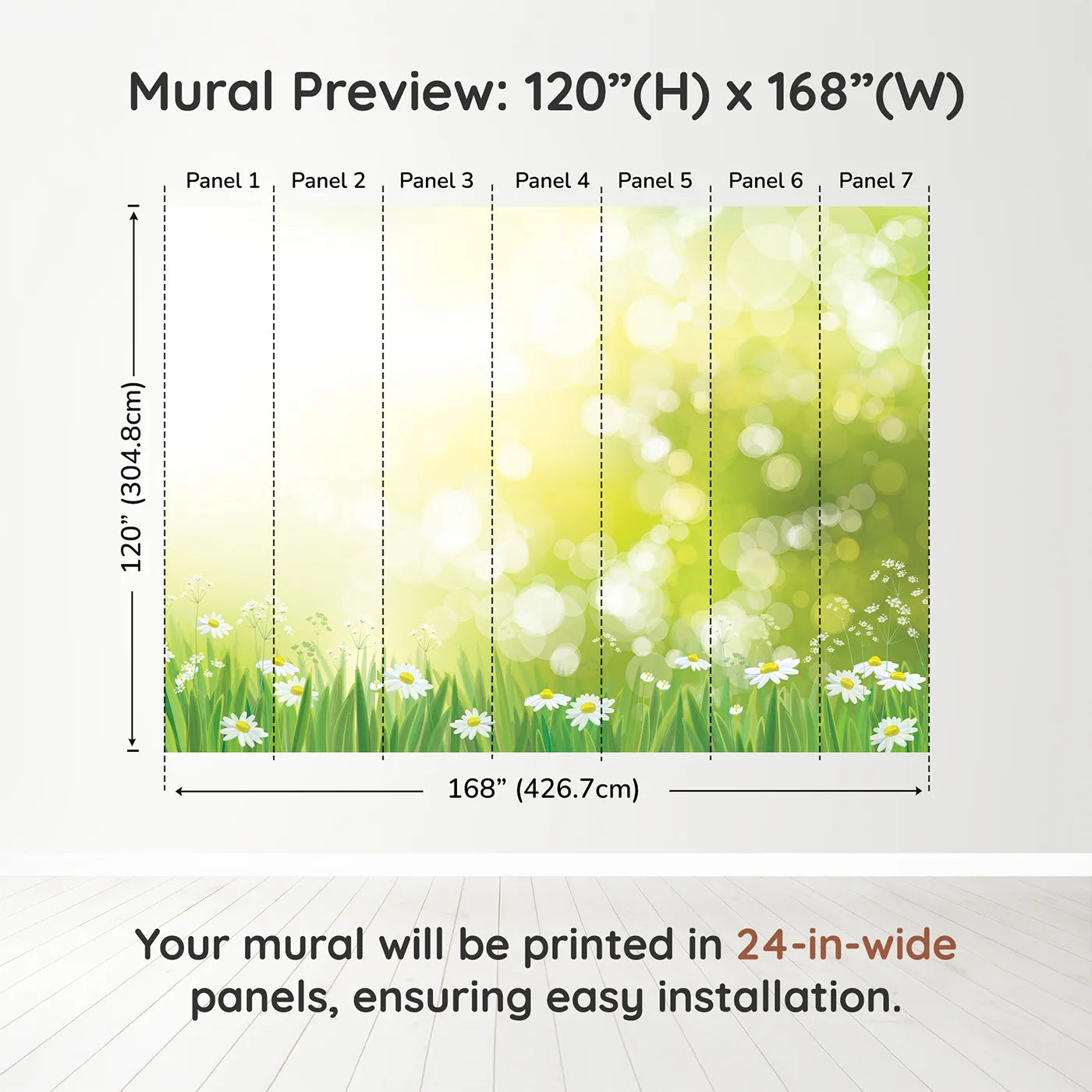 Whimsy Tots Sunny Meadow Day Wall Muraldimension view (120" H x 168" W). Printed in seven 24-inch-wide panels. Gender-Neutral