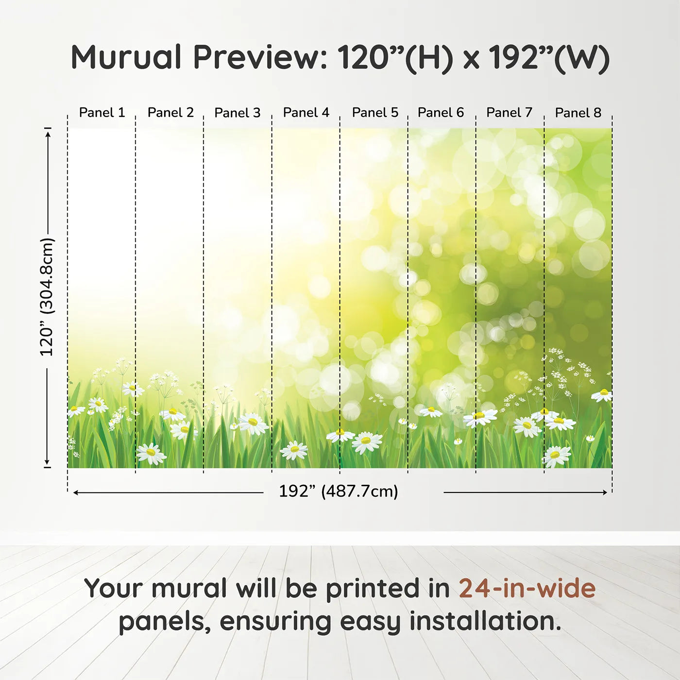 Whimsy Tots Sunny Meadow Day Wall Muraldimension view (120" H x 192" W). Printed in eight 24-inch-wide panels. Gender-Neutral