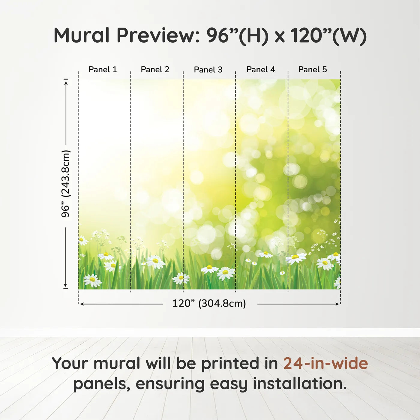 Whimsy Tots Sunny Meadow Day Wall Muraldimension view (96" H x 120" W). Printed in five 24-inch-wide panels. Gender-Neutral