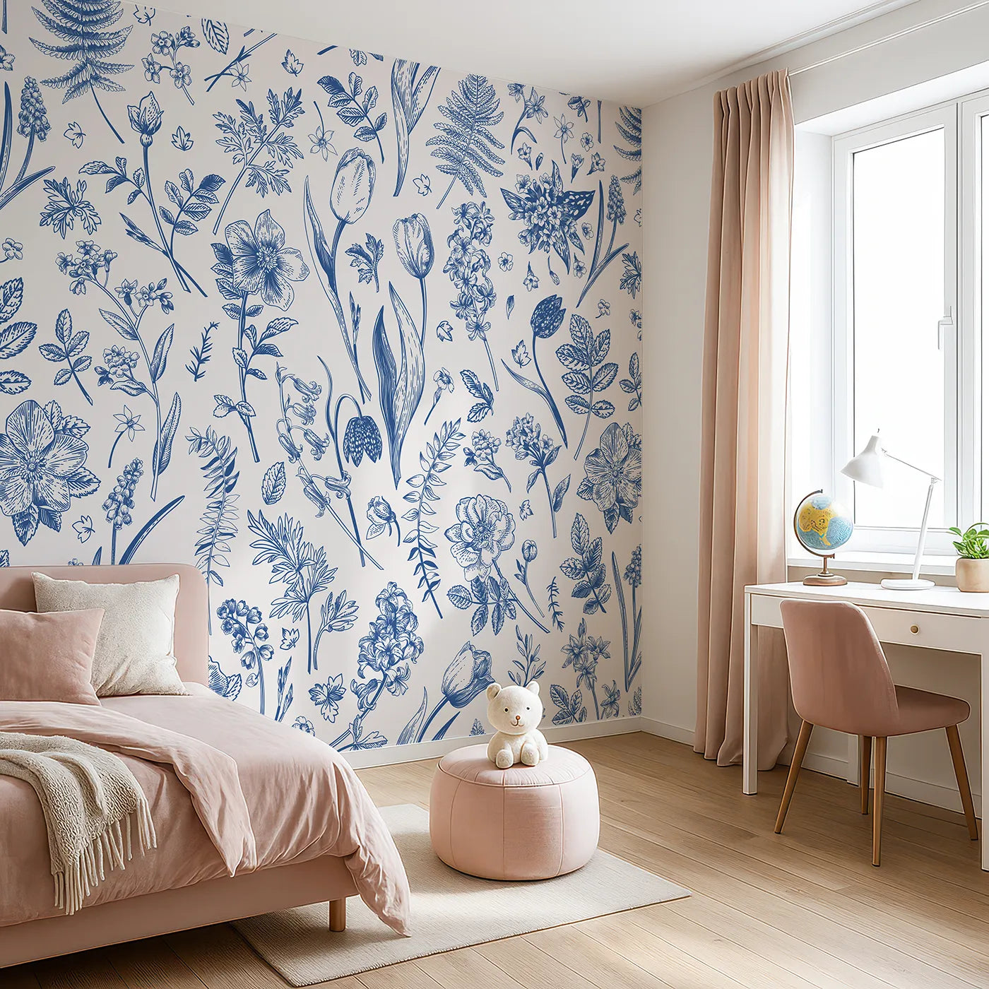 Angled view of Whimsy Tots' Vintage Blue Botanicals Wall Mural (Turn Their Room into a Classic English Garden).Gender-Neutral