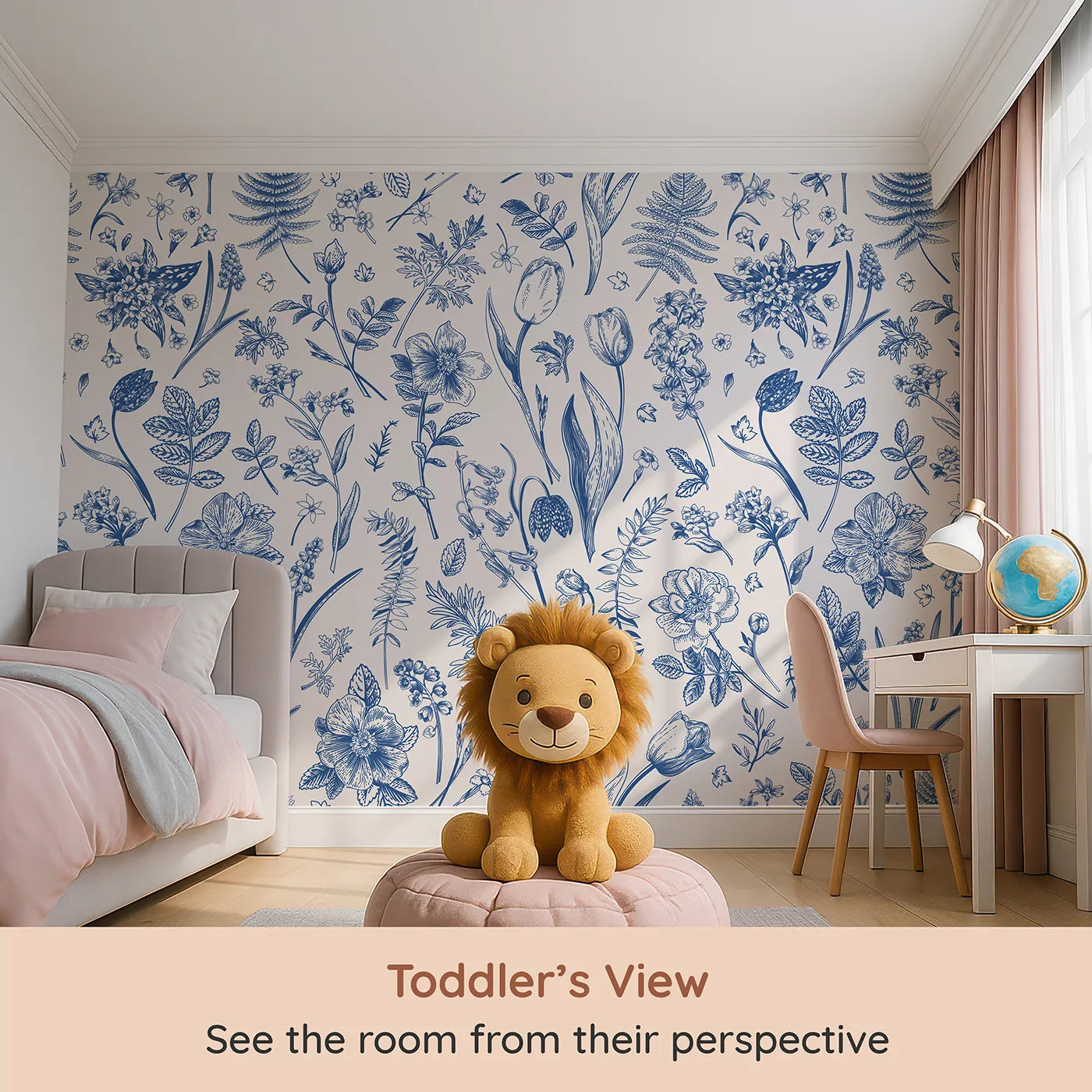 Whimsy Tots Vintage Blue Botanicals Wall Mural (Turn Their Room into a Classic English Garden) from your child's view.Gender-Neutral