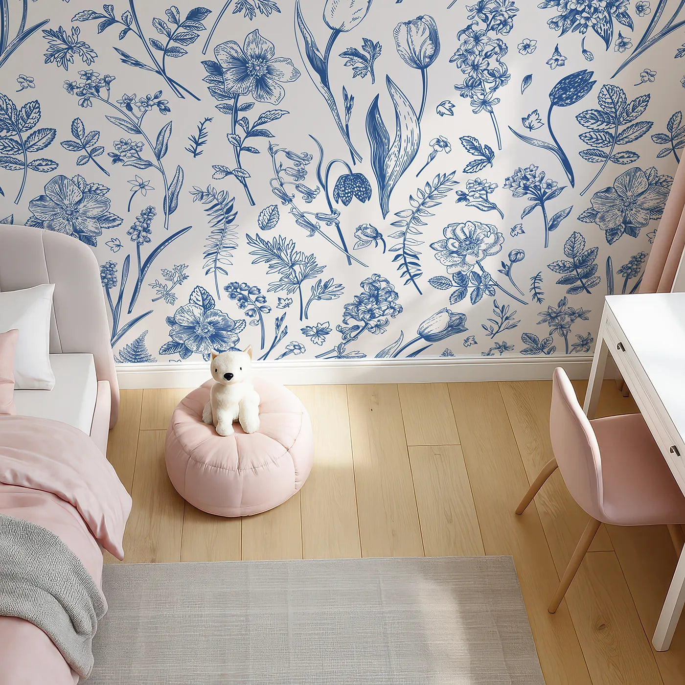Top-down view of Whimsy Tots' Vintage Blue Botanicals Wall Mural (Turn Their Room into a Classic English Garden).Gender-Neutral