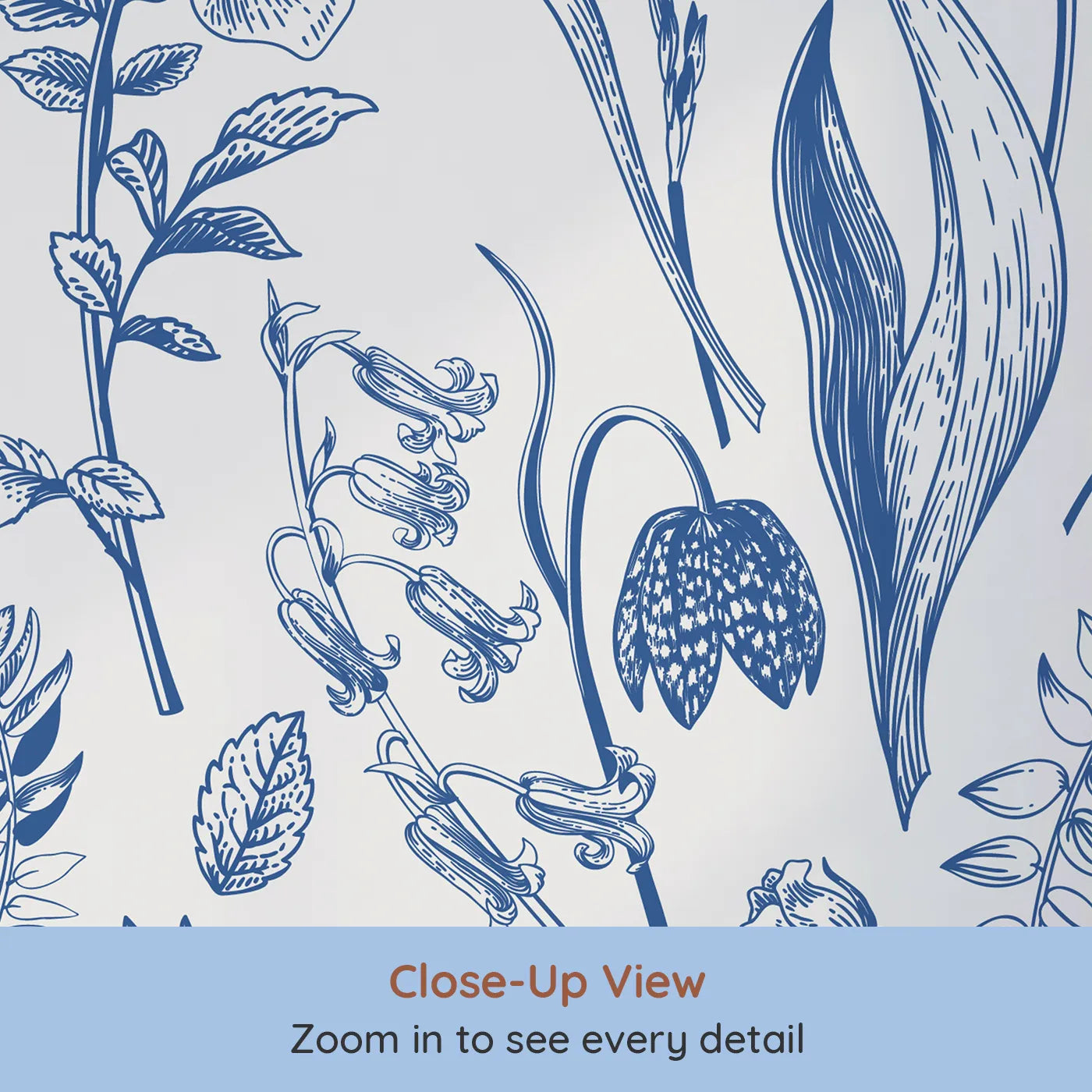 Close-up view of Whimsy Tots' Vintage Blue Botanicals Wall Mural (Turn Their Room into a Classic English Garden).Gender-Neutral