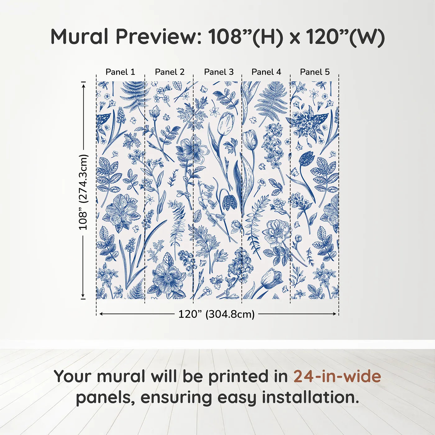 Whimsy Tots Vintage Blue Botanicals Wall Muraldimension view (108" H x 120" W). Printed in five 24-inch-wide panels. Gender-Neutral