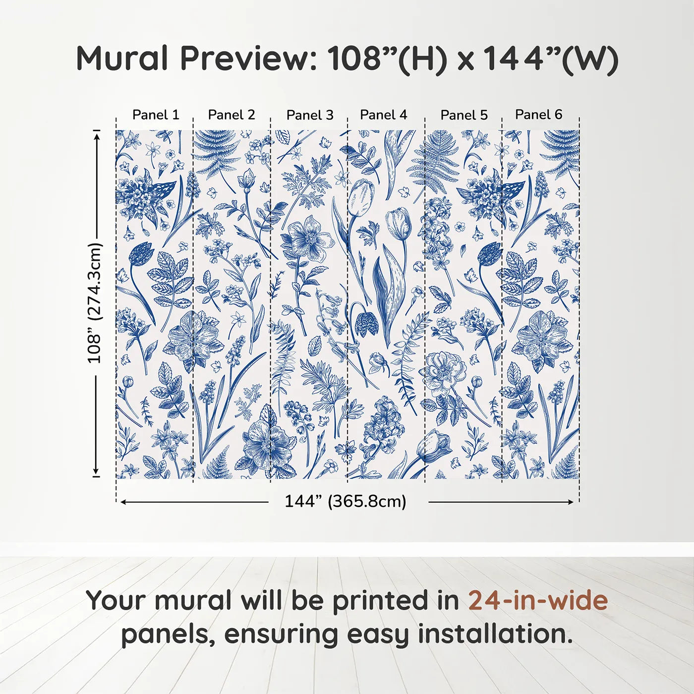 Whimsy Tots Vintage Blue Botanicals Wall Muraldimension view (108" H x 144" W). Printed in six 24-inch-wide panels. Gender-Neutral