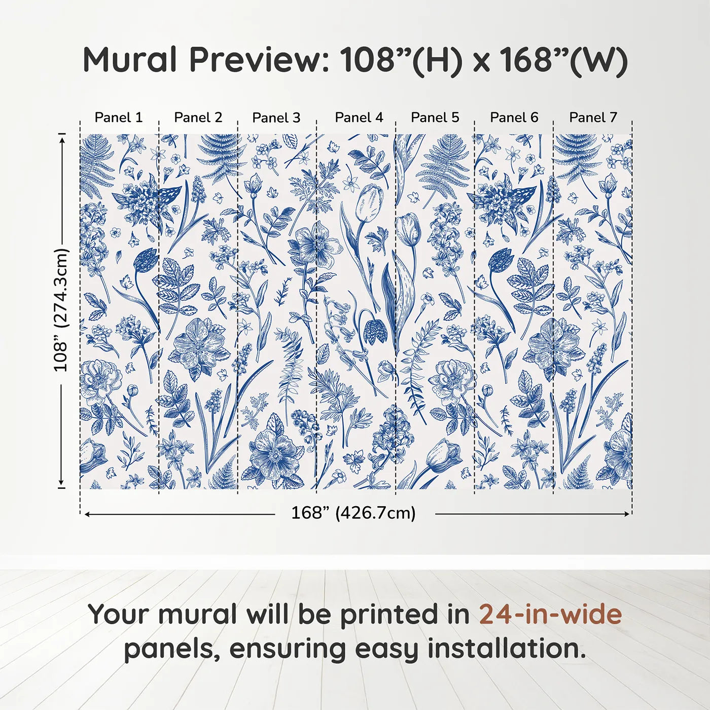 Whimsy Tots Vintage Blue Botanicals Wall Muraldimension view (108" H x 168" W). Printed in seven 24-inch-wide panels. Gender-Neutral