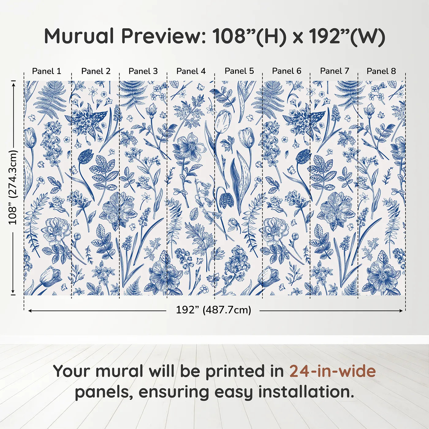 Whimsy Tots Vintage Blue Botanicals Wall Muraldimension view (108" H x 192" W). Printed in eight 24-inch-wide panels. Gender-Neutral