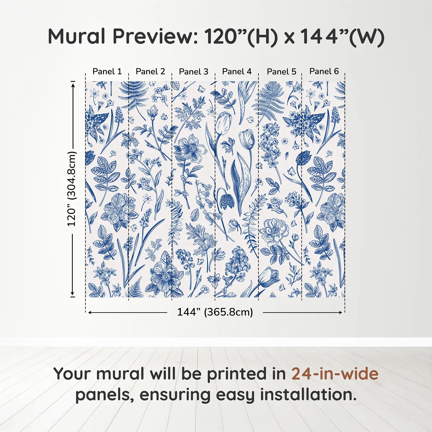 Whimsy Tots Vintage Blue Botanicals Wall Muraldimension view (120" H x 144" W). Printed in six 24-inch-wide panels. Gender-Neutral