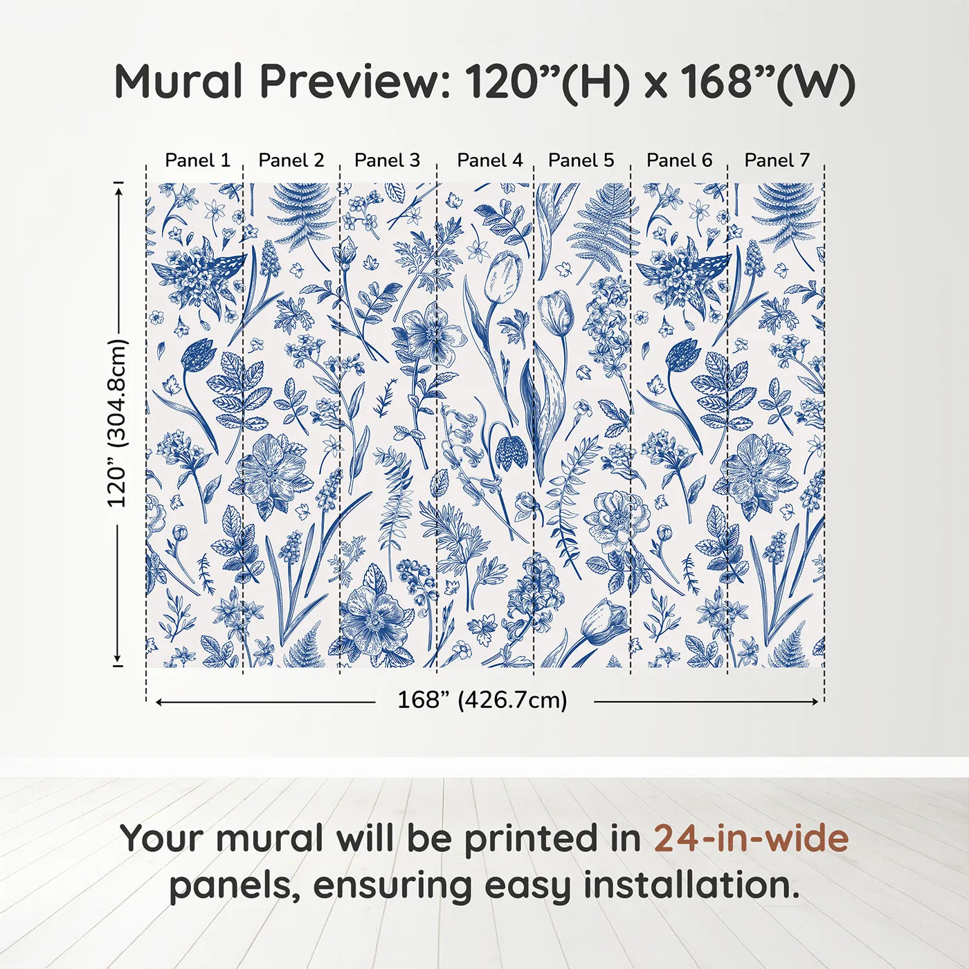 Whimsy Tots Vintage Blue Botanicals Wall Muraldimension view (120" H x 168" W). Printed in seven 24-inch-wide panels. Gender-Neutral