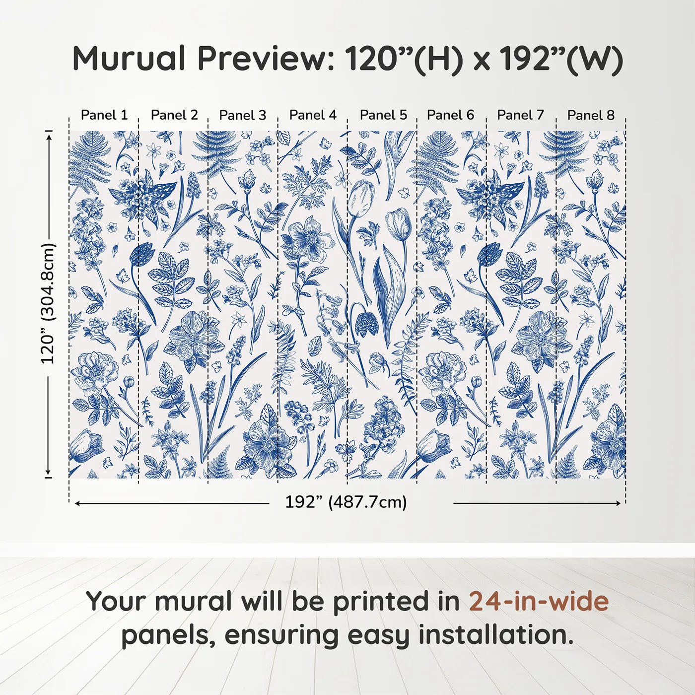 Whimsy Tots Vintage Blue Botanicals Wall Muraldimension view (120" H x 192" W). Printed in eight 24-inch-wide panels. Gender-Neutral