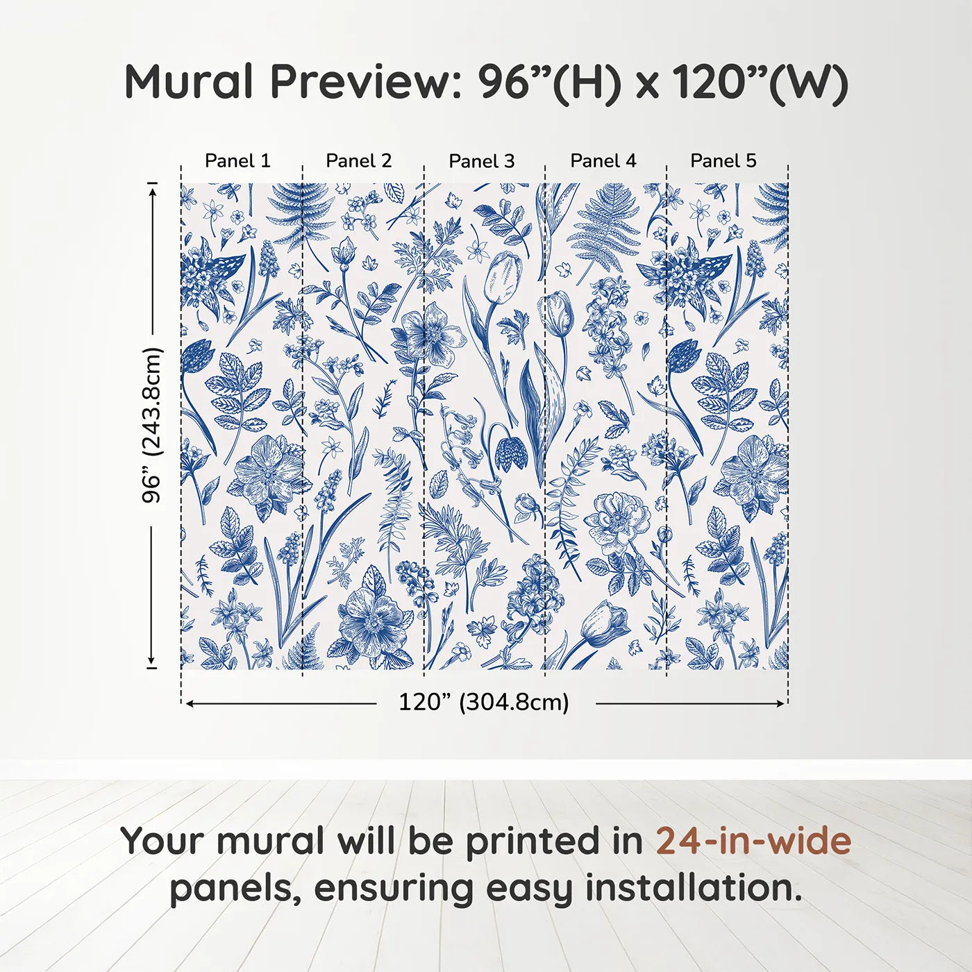 Whimsy Tots Vintage Blue Botanicals Wall Muraldimension view (96" H x 120" W). Printed in five 24-inch-wide panels. Gender-Neutral
