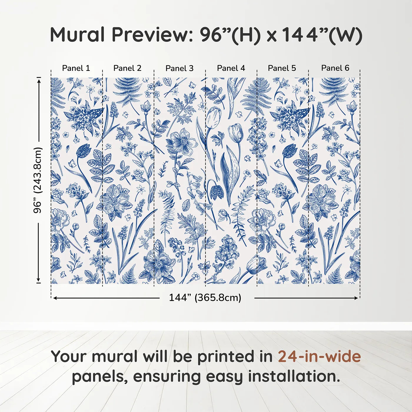 Whimsy Tots Vintage Blue Botanicals Wall Muraldimension view (96" H x 144" W). Printed in six 24-inch-wide panels. Gender-Neutral