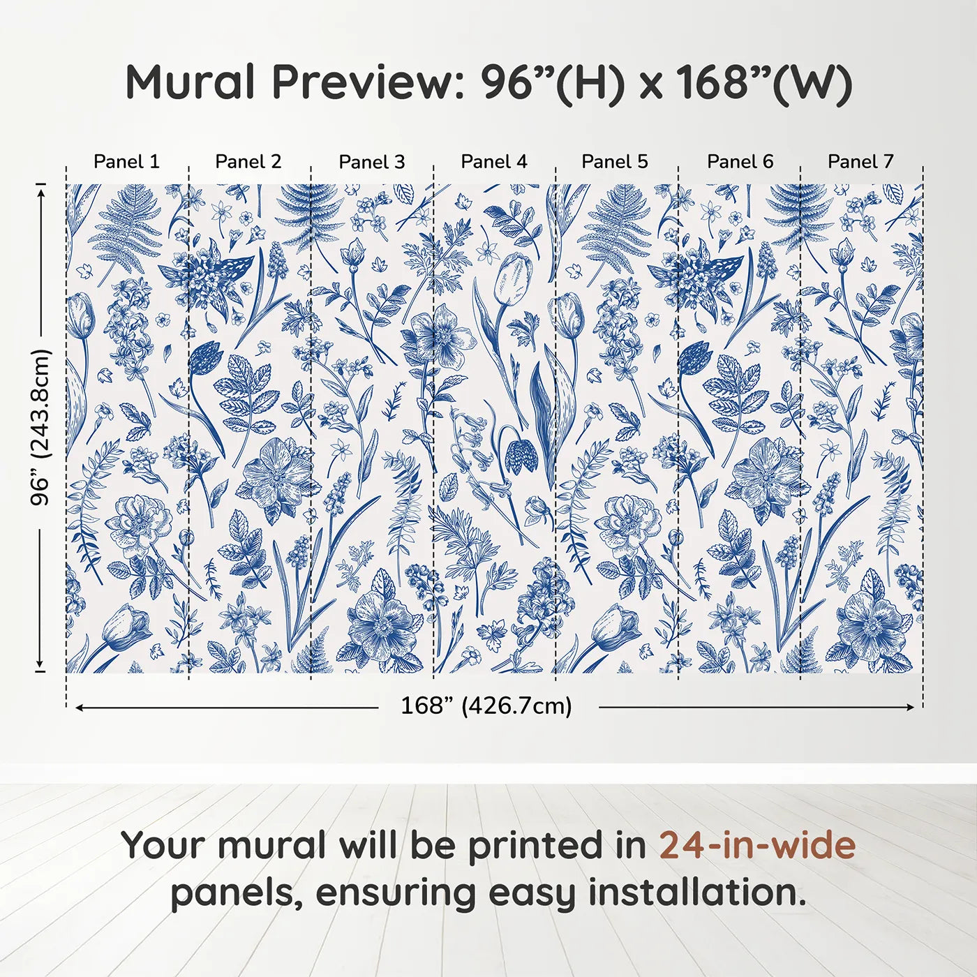 Whimsy Tots Vintage Blue Botanicals Wall Muraldimension view (96" H x 168" W). Printed in seven 24-inch-wide panels. Gender-Neutral