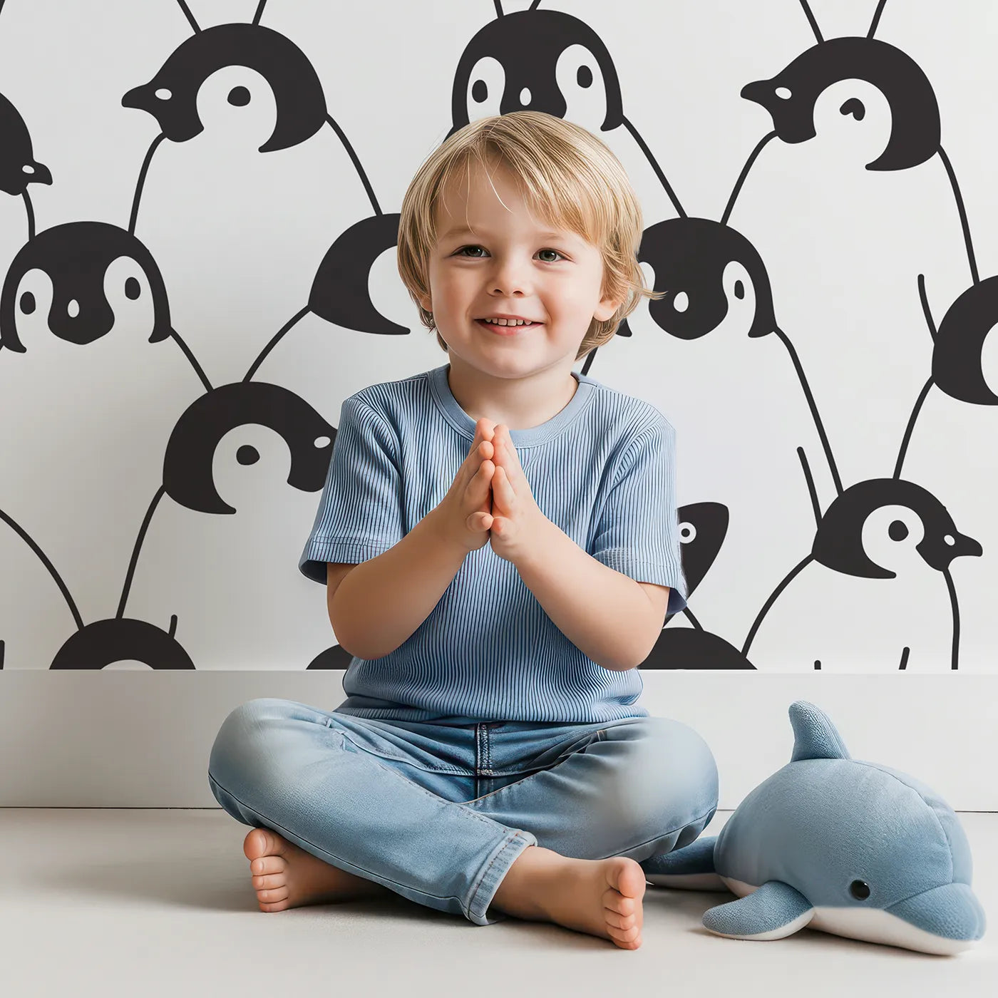 Child in front of Whimsy Tots Penguin Party Wall Mural with penguin, bird, animal, pattern, black and white, cute, cartoon in design.