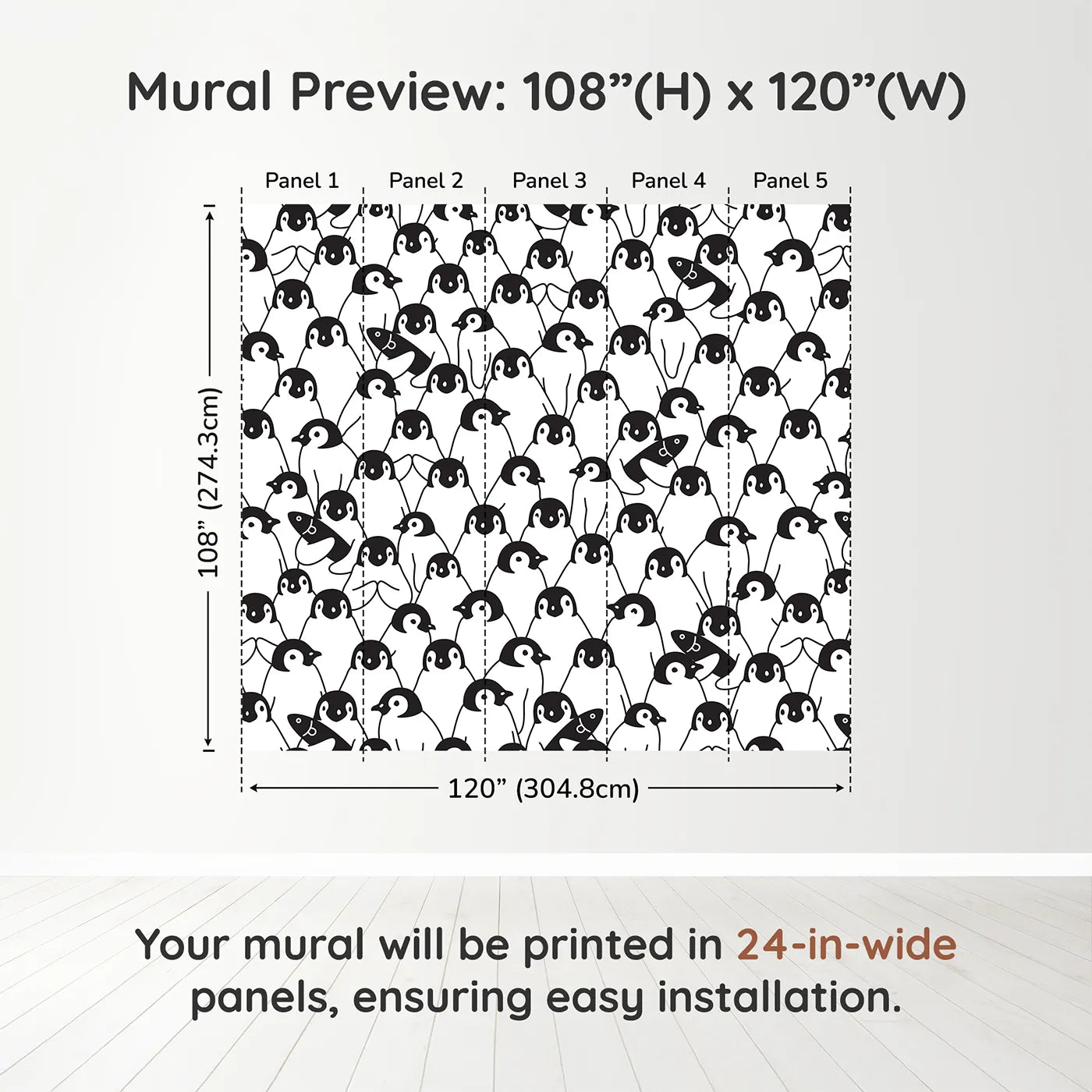 Whimsy Tots Penguin Party Wall Muraldimension view (108" H x 120" W). Printed in five 24-inch-wide panels. Gender-Neutral