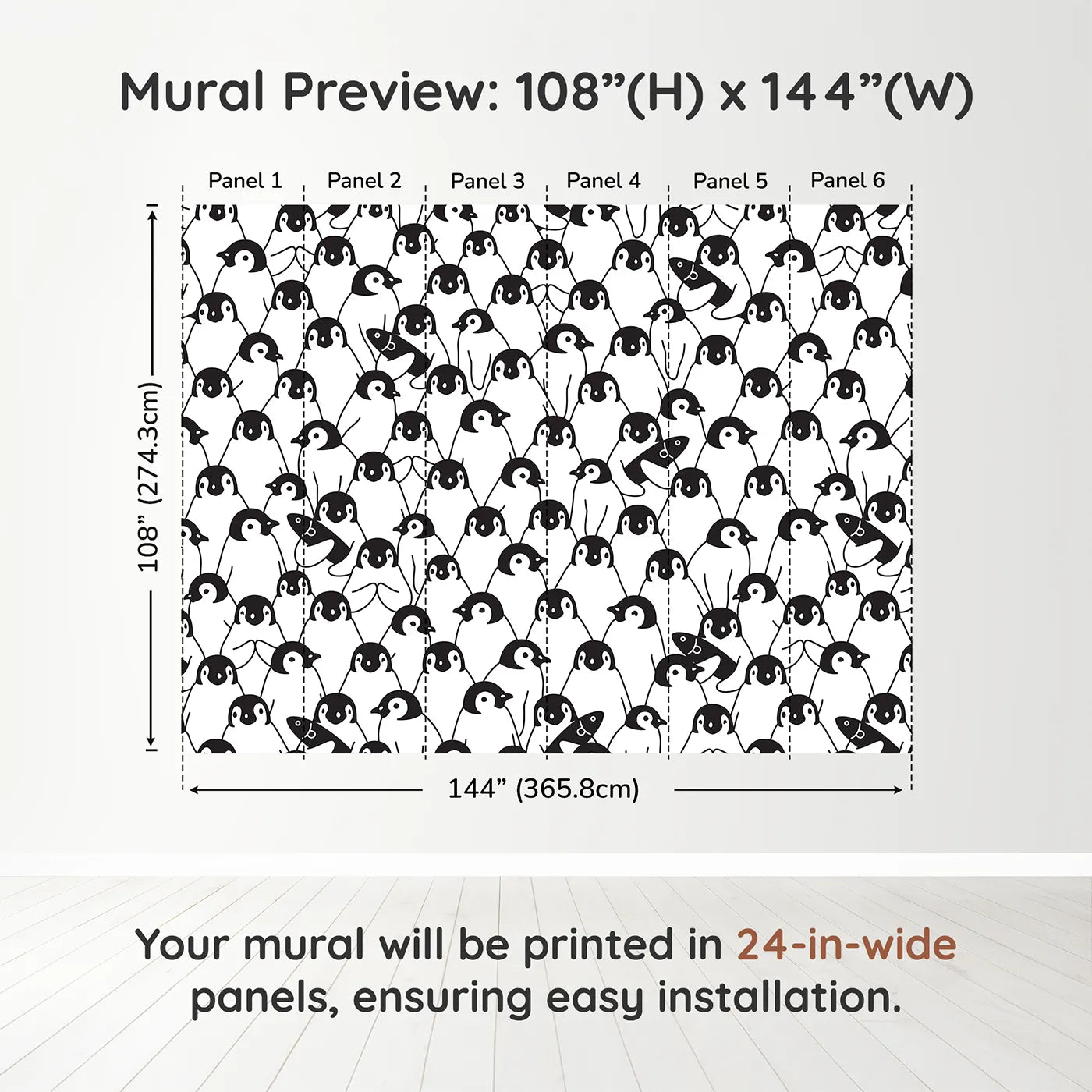 Whimsy Tots Penguin Party Wall Muraldimension view (108" H x 144" W). Printed in six 24-inch-wide panels. Gender-Neutral