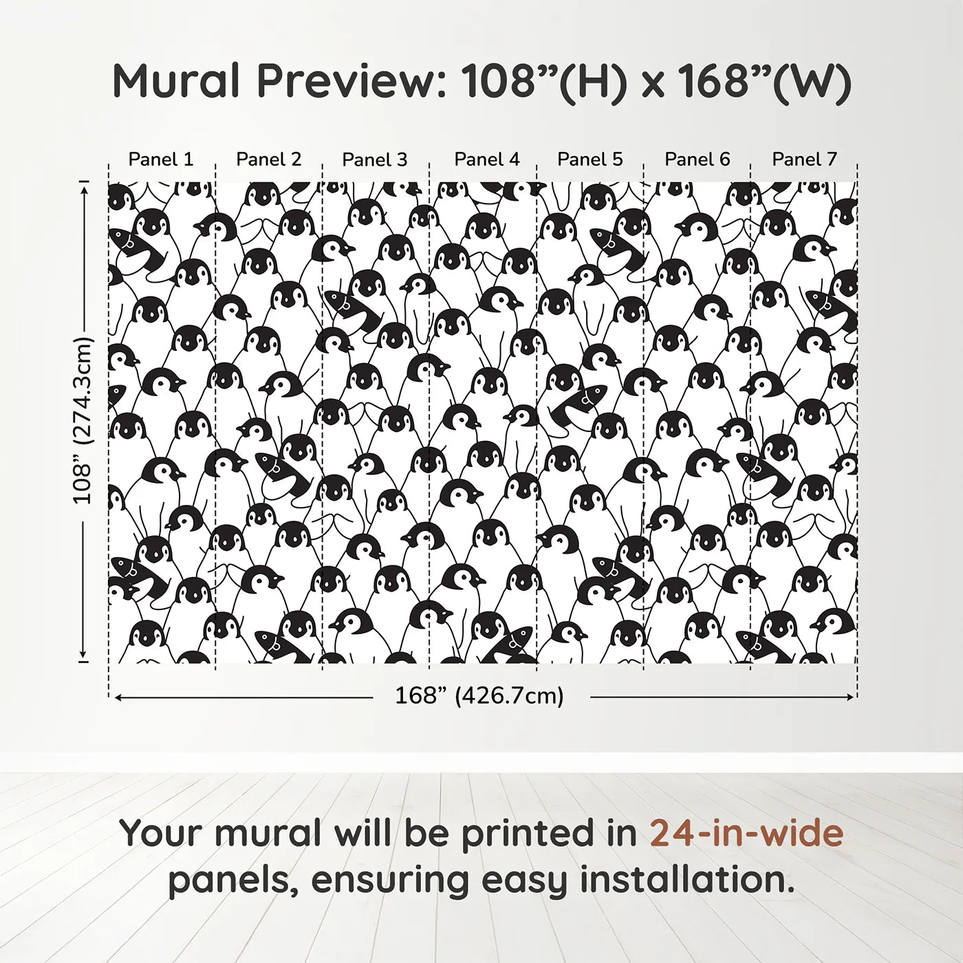 Whimsy Tots Penguin Party Wall Muraldimension view (108" H x 168" W). Printed in seven 24-inch-wide panels. Gender-Neutral