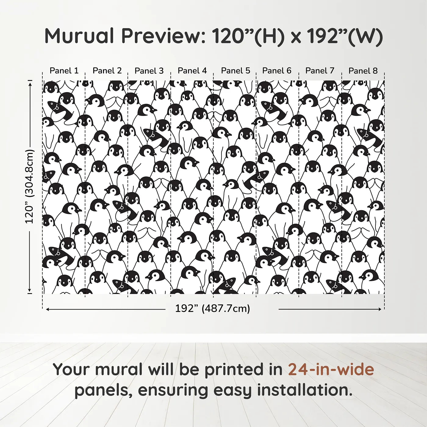 Whimsy Tots Penguin Party Wall Muraldimension view (120" H x 192" W). Printed in eight 24-inch-wide panels. Gender-Neutral