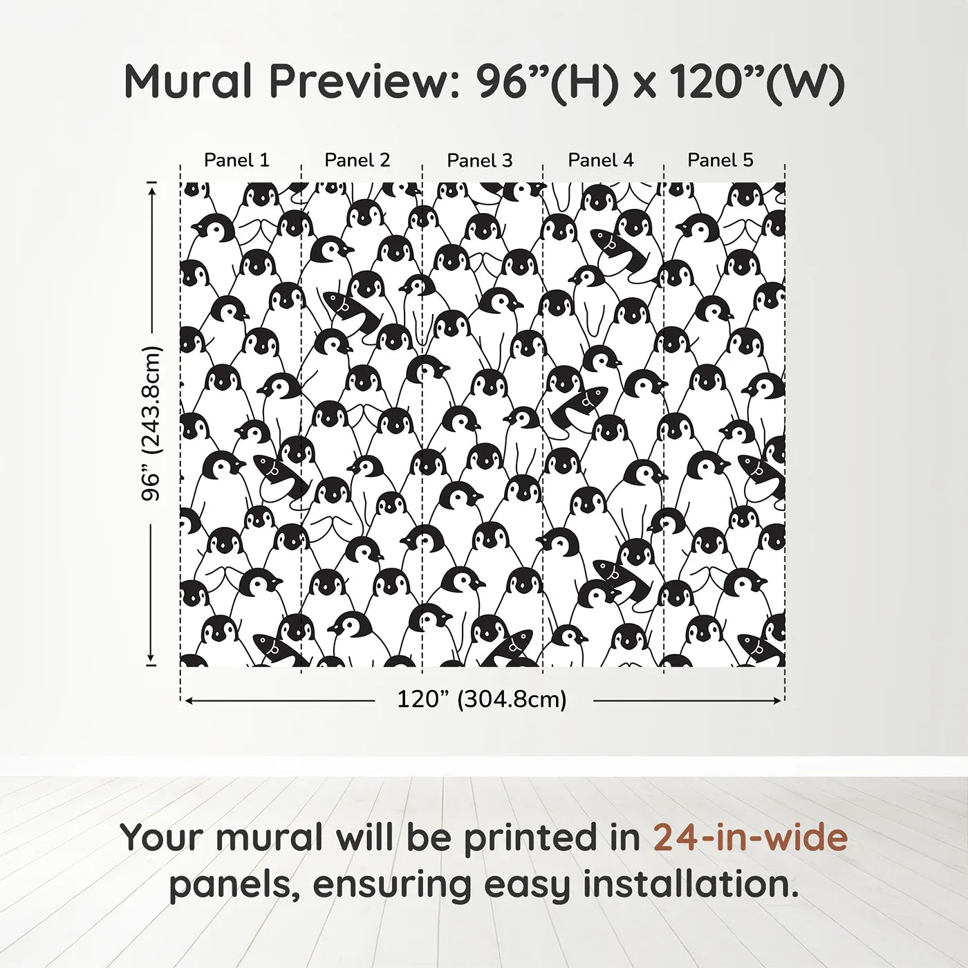 Whimsy Tots Penguin Party Wall Muraldimension view (96" H x 120" W). Printed in five 24-inch-wide panels. Gender-Neutral