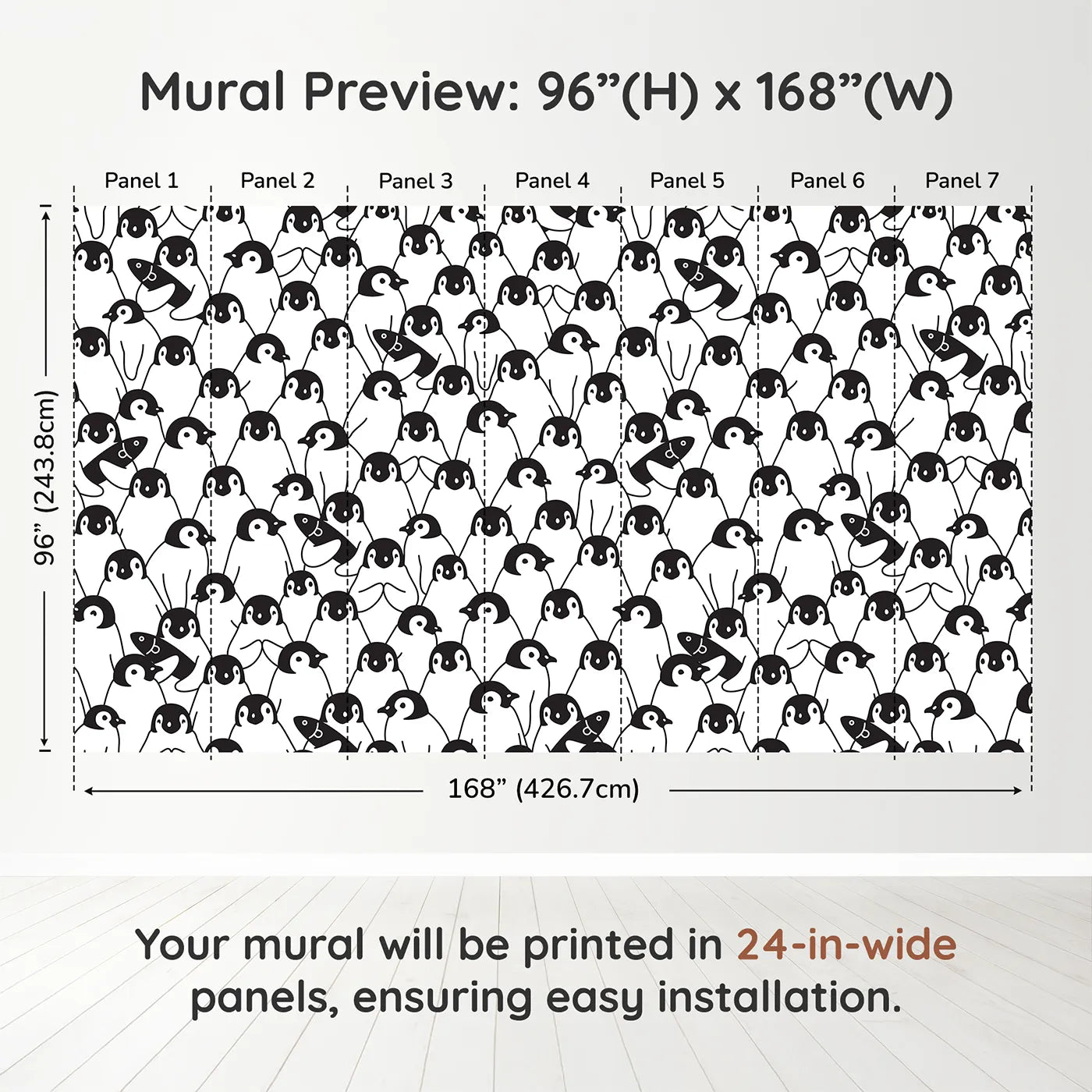 Whimsy Tots Penguin Party Wall Muraldimension view (96" H x 168" W). Printed in seven 24-inch-wide panels. Gender-Neutral