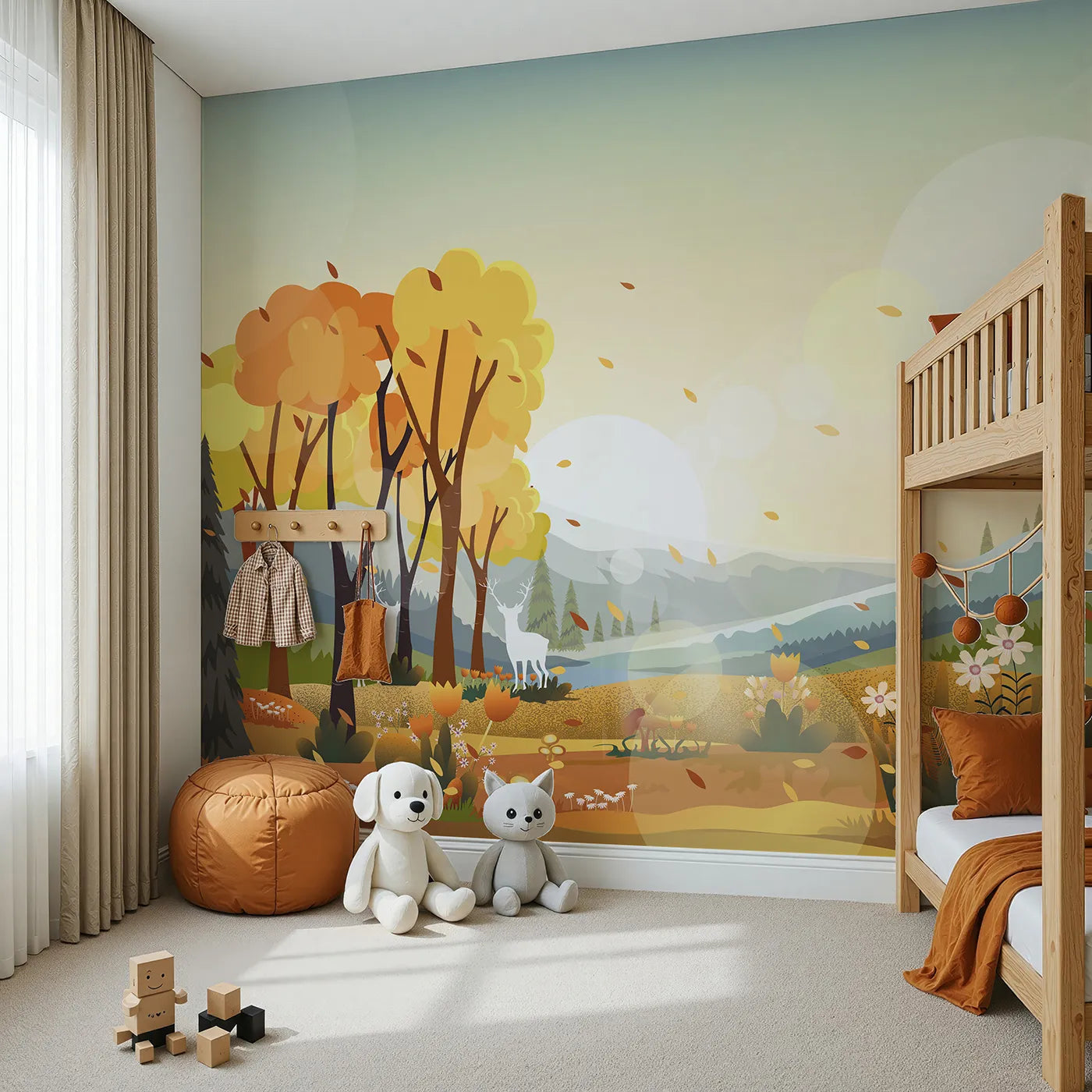 Angled view of Whimsy Tots' Autumn Forest Glow Wall Mural (Turn Their Room into a Golden Autumn Wonderland).Gender-Neutral