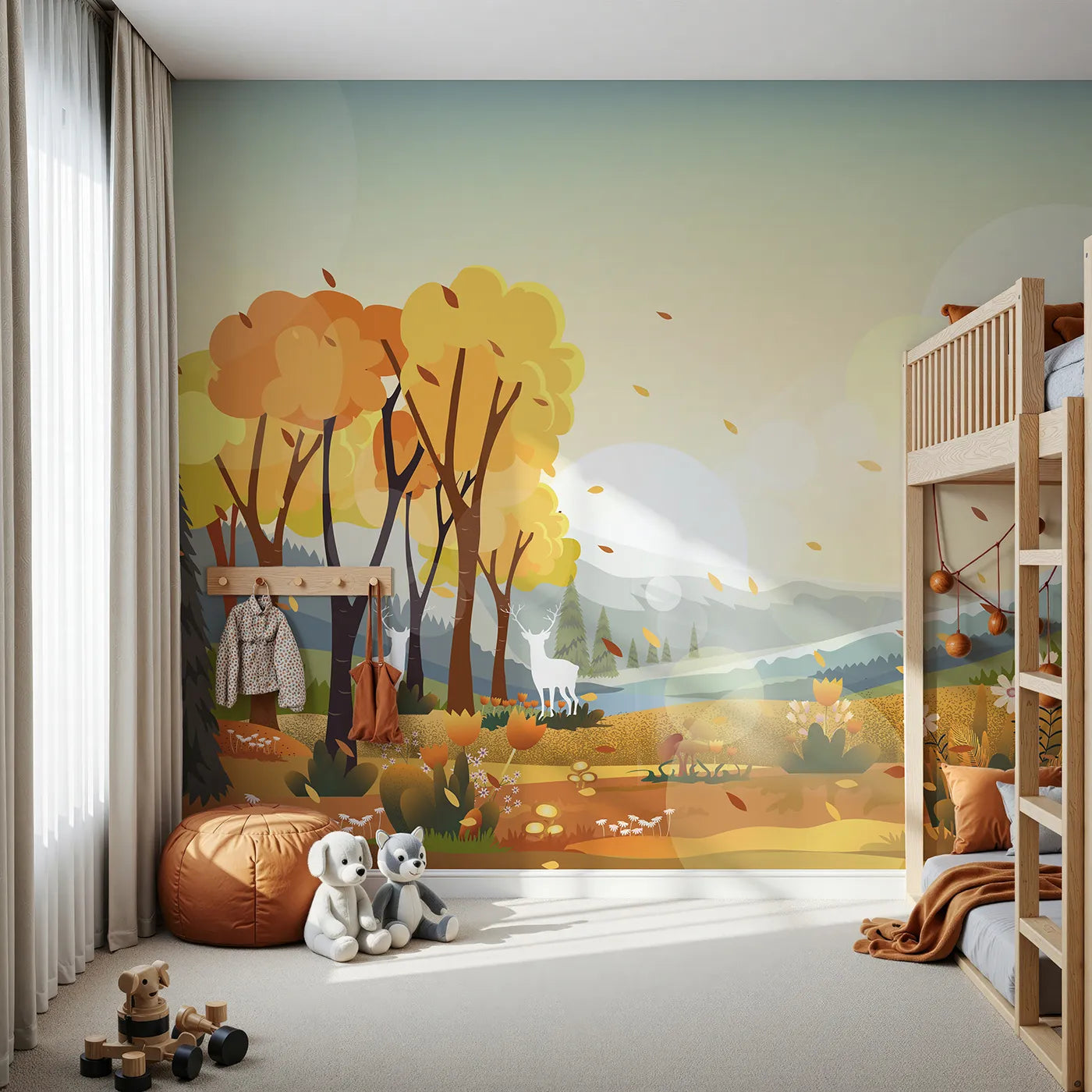 Front view of Whimsy Tots' Autumn Forest Glow Wall Mural