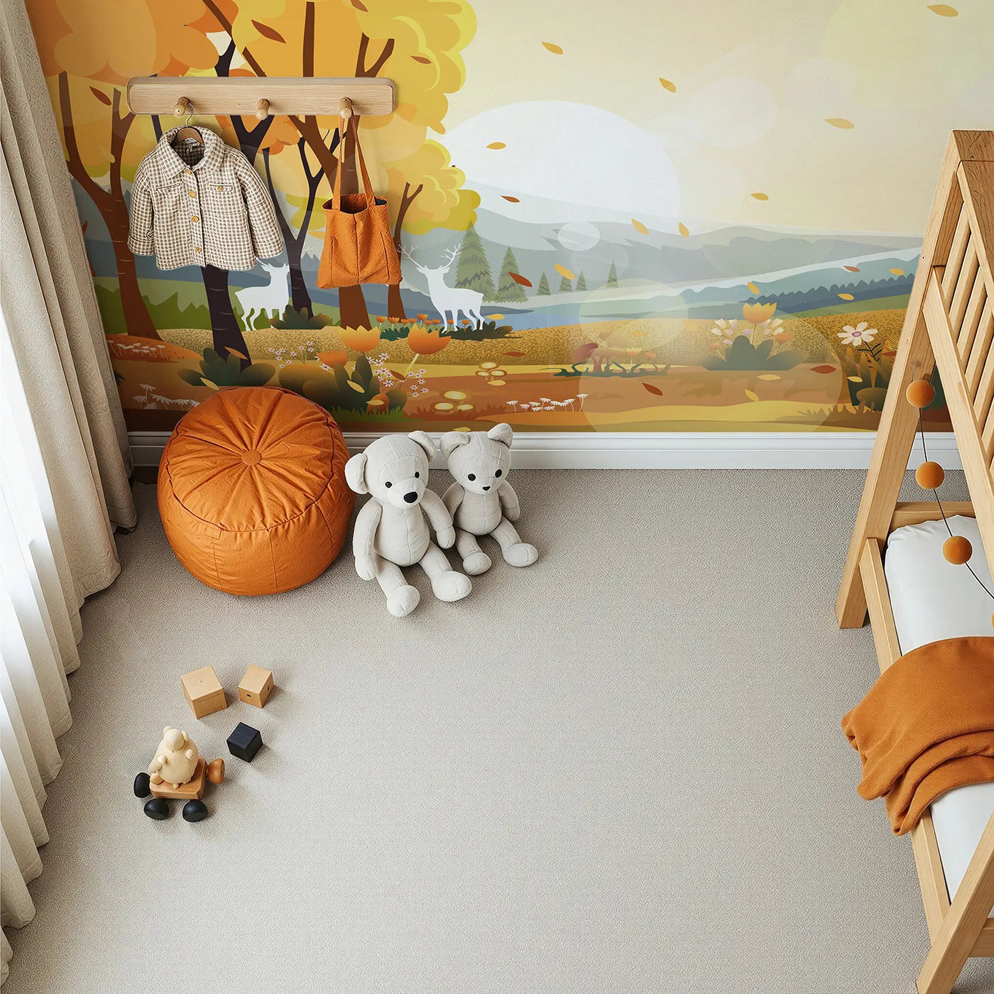 Top-down view of Whimsy Tots' Autumn Forest Glow Wall Mural (Turn Their Room into a Golden Autumn Wonderland).Gender-Neutral
