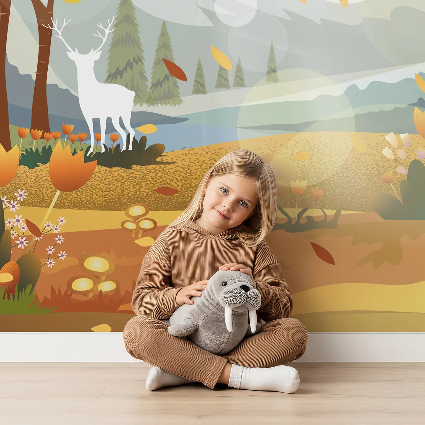 Child in front of Whimsy Tots Autumn Forest Glow Wall Mural with autumn, forest, deer, tree, mountain, sunset, landscape, orange in design.