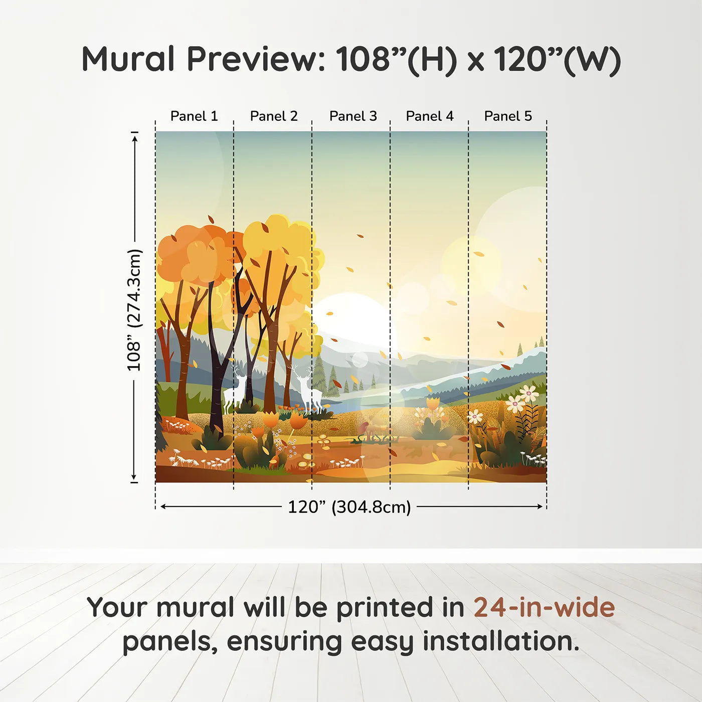 Whimsy Tots Autumn Forest Glow Wall Muraldimension view (108" H x 120" W). Printed in five 24-inch-wide panels. Gender-Neutral