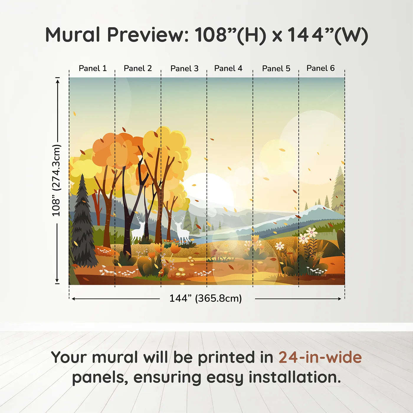 Whimsy Tots Autumn Forest Glow Wall Muraldimension view (108" H x 144" W). Printed in six 24-inch-wide panels. Gender-Neutral