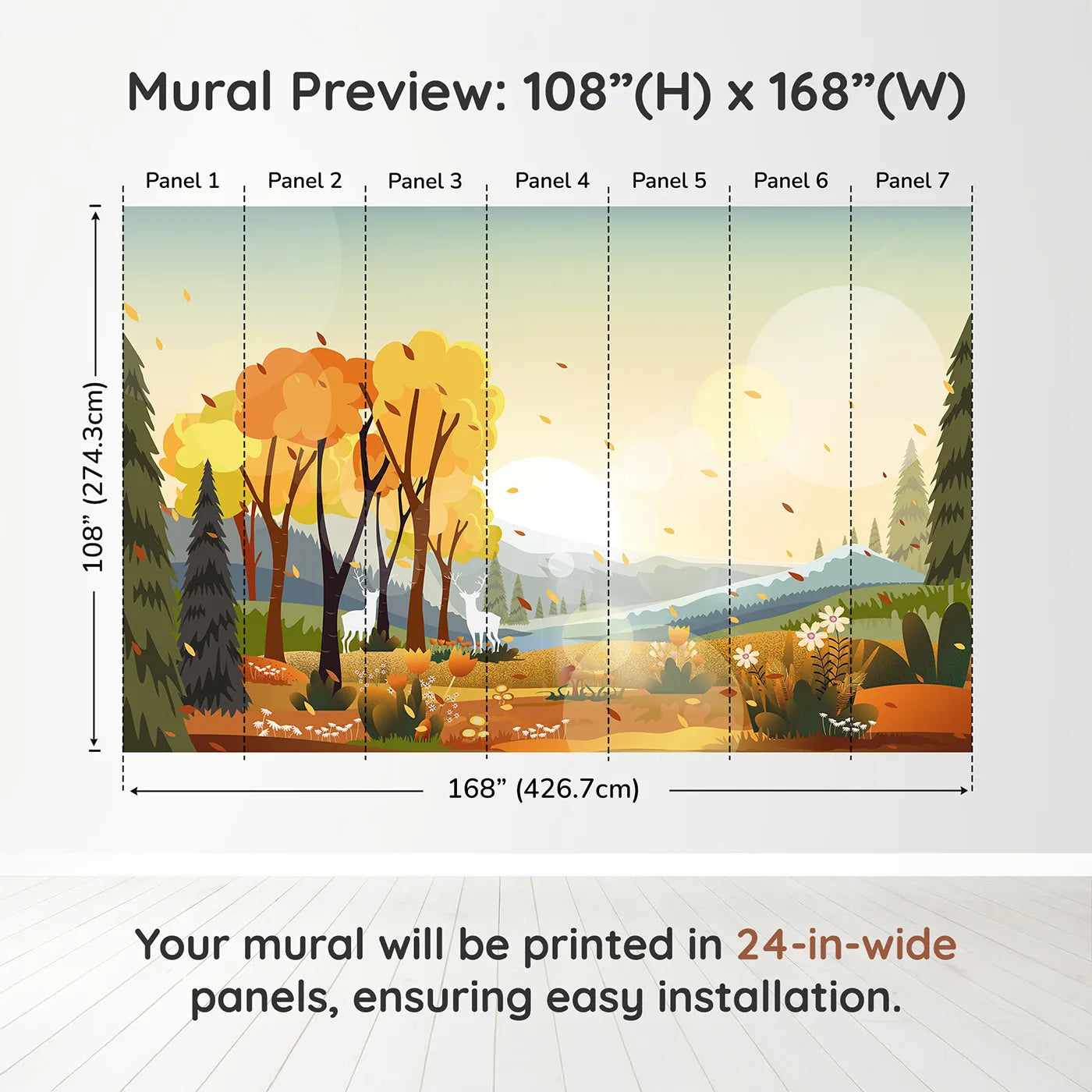 Whimsy Tots Autumn Forest Glow Wall Muraldimension view (108" H x 168" W). Printed in seven 24-inch-wide panels. Gender-Neutral